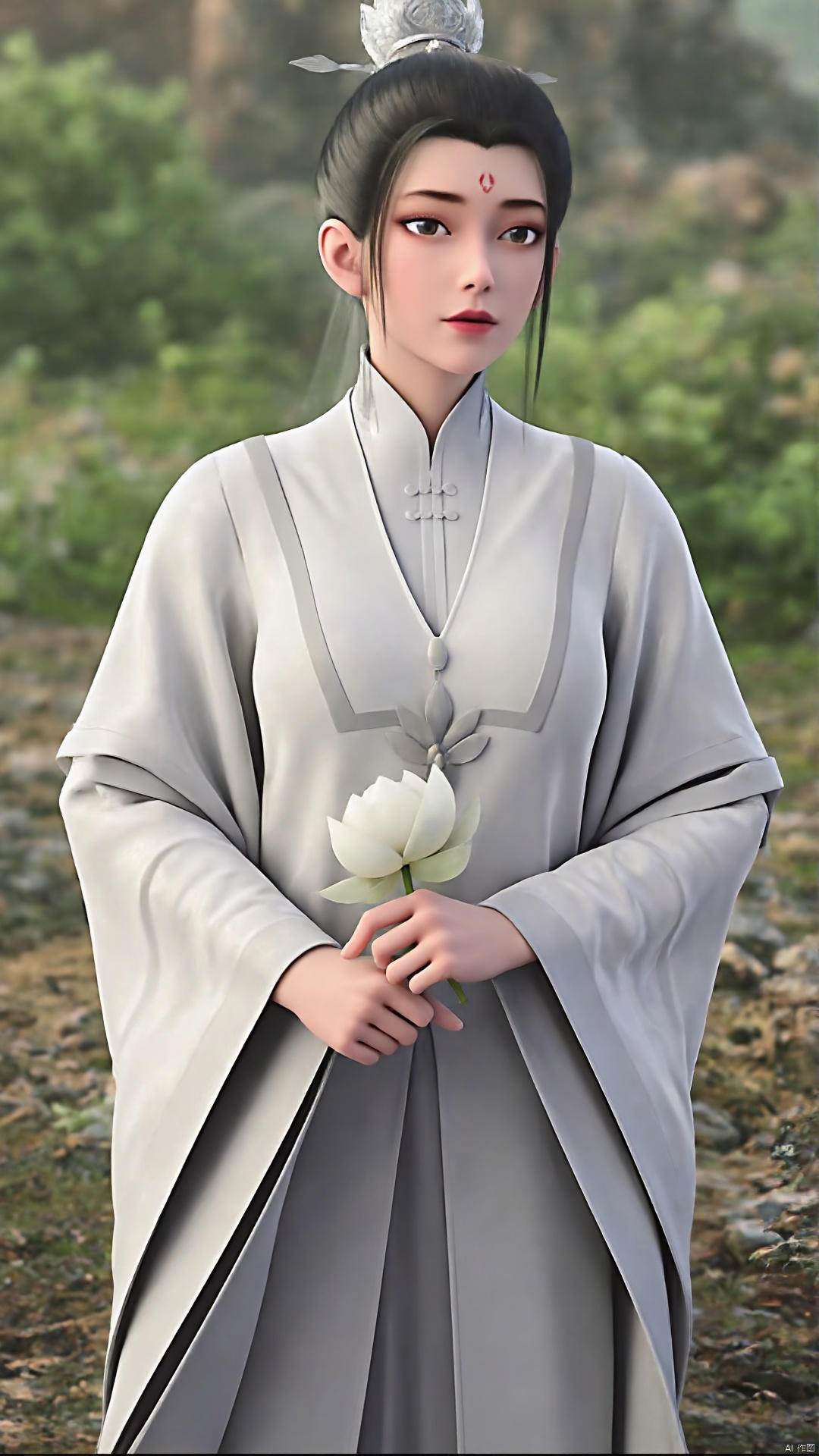 flower, 1girl, solo, forehead mark, holding flower, black hair, facial mark, holding, blurry background, chinese clothes, hanfu, wide sleeves, outdoors, hair bun, blurry, long sleeves, hair ornament, standing, photo background, realistic, lotus, looking at viewer, black eyes, white flower, day