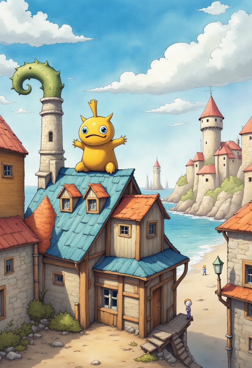 textured surface,  watercolor style,  medieval-style city street. The creature has a rounded on Tensor.Art