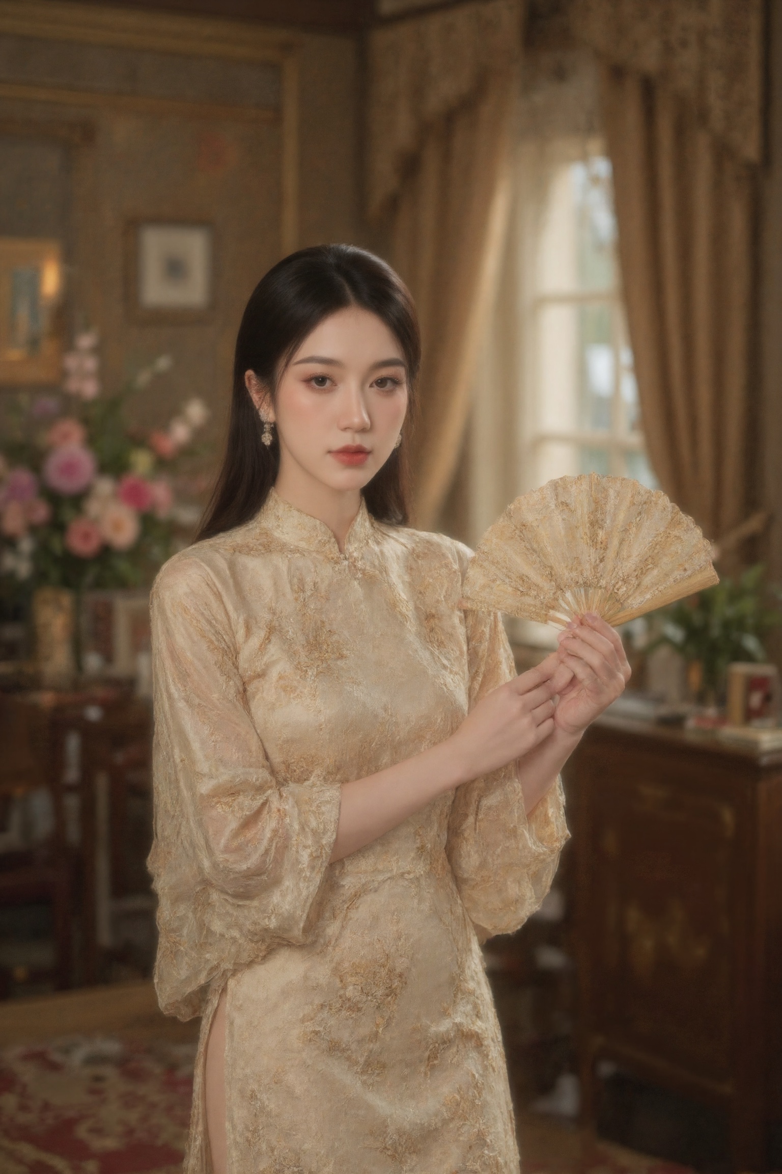 This is a high-resolution photograph featuring an East Asian woman standing confidently in a luxurious,  vintage-style roo...