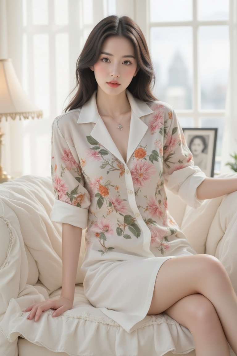 A serene woman sits elegantly on a plush white sofa,  her dark hair flowing like silk over her shoulders. She wears a flow...