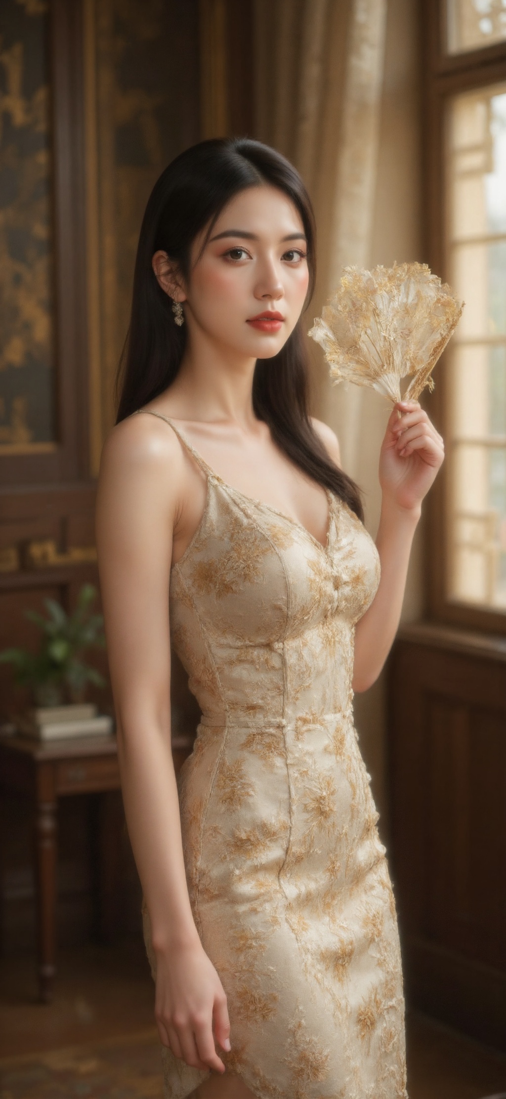 This is a high-resolution photograph featuring an East Asian woman standing confidently in a luxurious,  vintage-style roo...