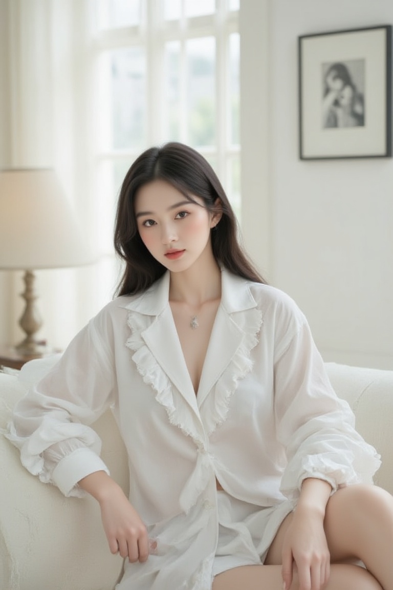 a woman is seated on a white sofa,  her long dark hair cascades over her shoulders. She is dressed in a white long-sleeved...