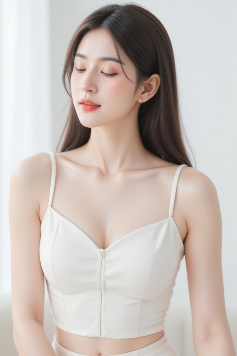 Medium-Asian-woman's serene portrait: Long-brown-hair flows straight down,  contrasting with the crisp white sleeveless dr...