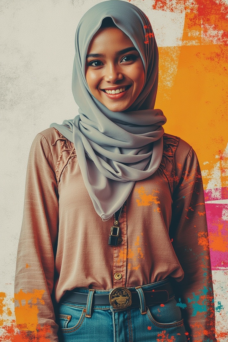 A mixed media portrait of a Malay woman,  framed mid-shot,  with a plain long hijab and a happy face. She wears a loose bl...