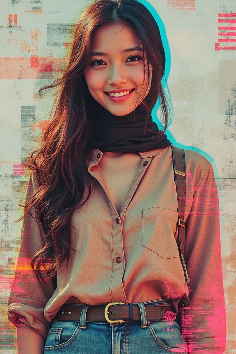 A mixed media portrait of a Malay woman,  framed mid-shot,  with a plain long hijab and a happy face. She wears a loose bl...