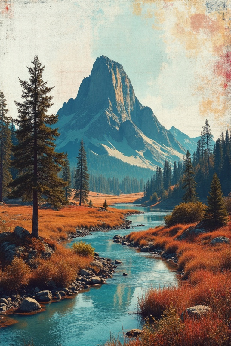 A mixed media landscape featuring a towering mountain,  a solitary tree,  and a winding river on Tensor.Art