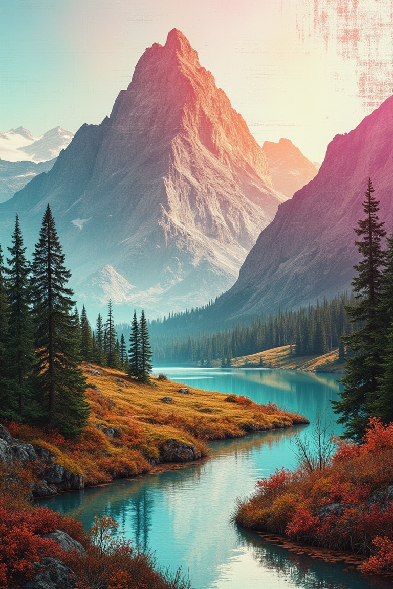 A mixed media landscape featuring a towering mountain,  a solitary tree,  and a winding river on Tensor.Art