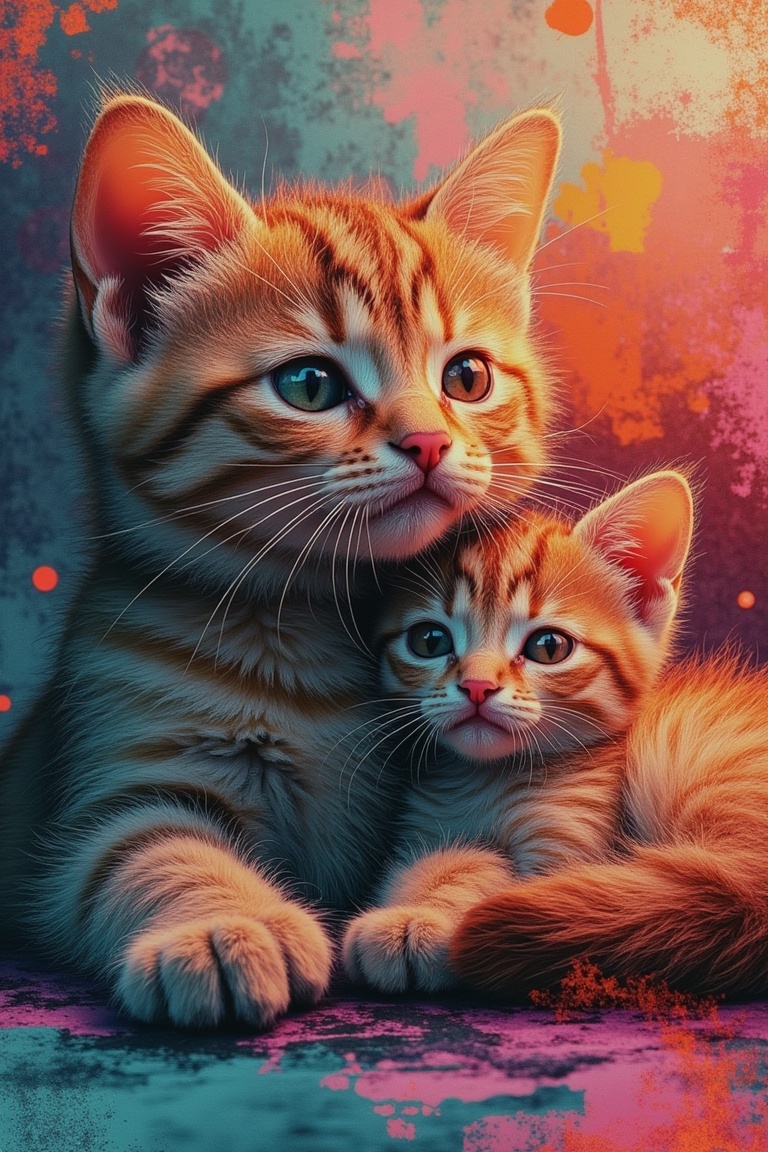A mixed media composition featuring a cat with a kitten,  framed close-up with soft,  warm lighting. The cat and kitten ar...