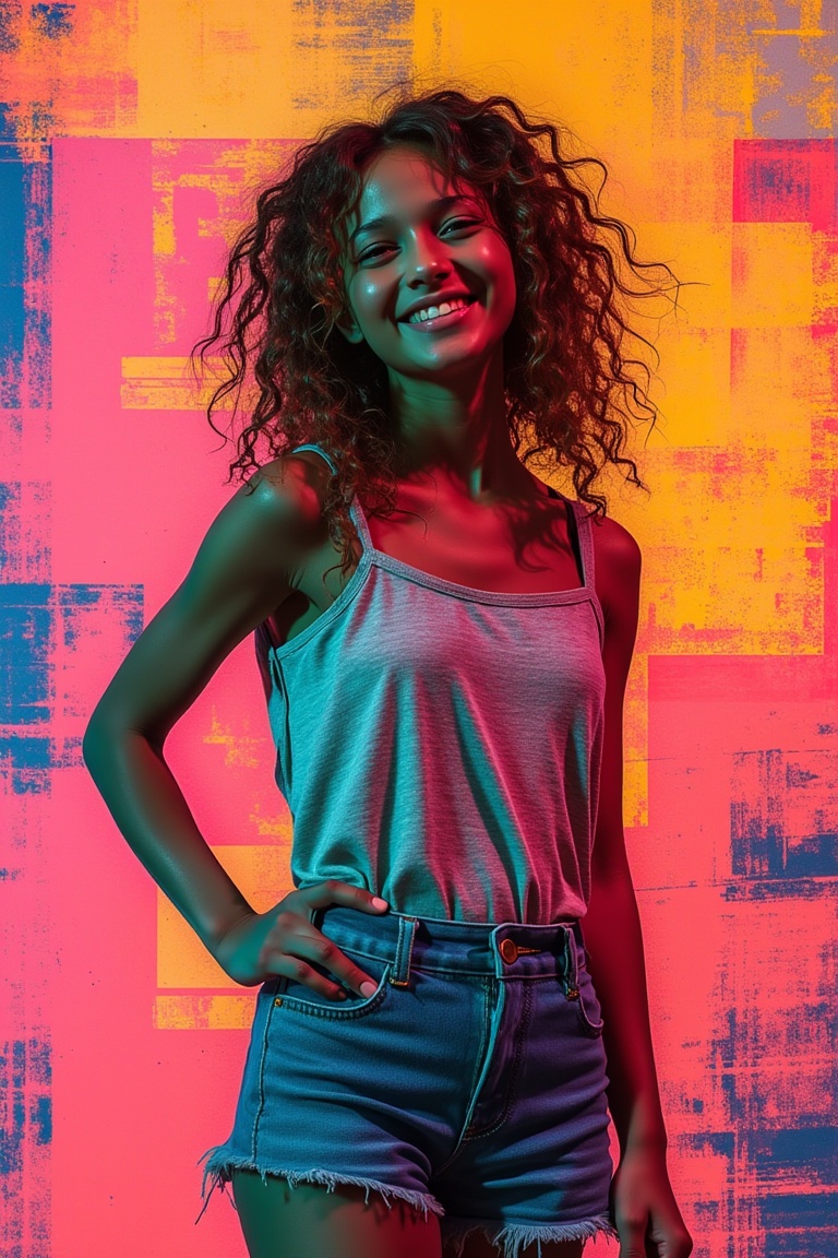 A mixed media composition featuring a smiling girl,  framed mid-shot with soft,  warm lighting. The girl stands in a vibra...