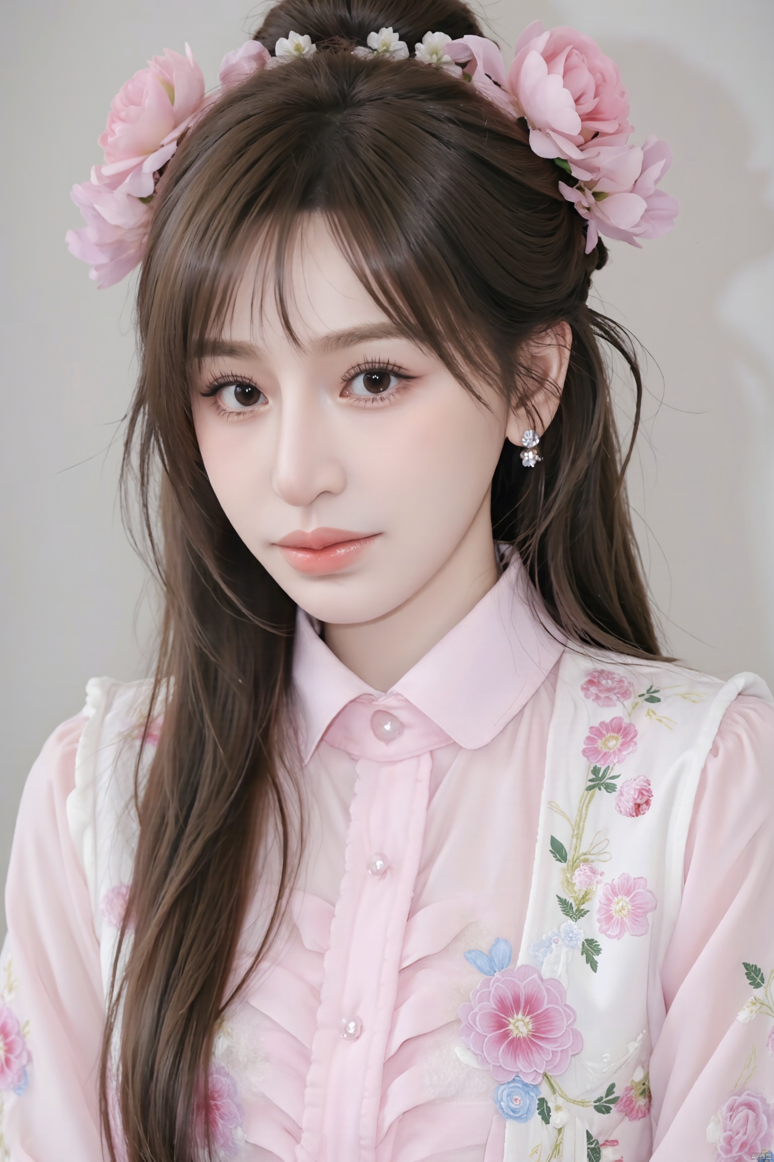 masterpiece, 1 girl, 18 years old, Lovely, Look at me, Long hair, Portrait, Delicate eyes, Hanfu, Light pink hanfu, Ornate embroidery, Incredible scenes, Falling flowers, Diamond Earrings, Smile, textured skin, super detail, best quality