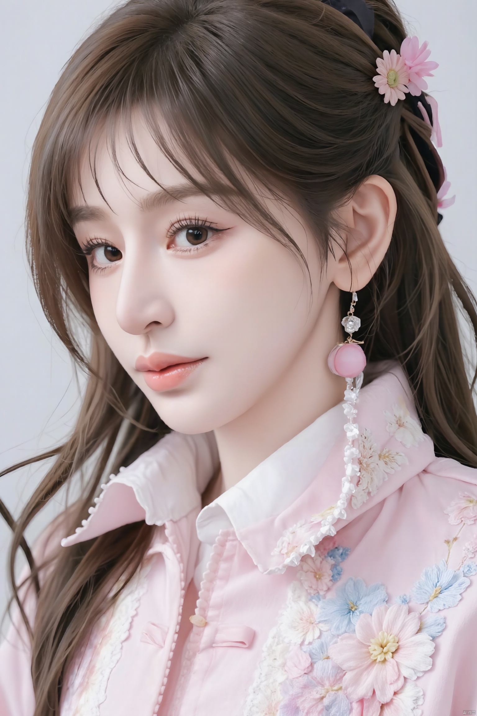 masterpiece, 1 girl, 18 years old, Lovely, Look at me, Long hair, Portrait, Delicate eyes, Hanfu, Light pink hanfu, Ornate embroidery, Incredible scenes, Falling flowers, Diamond Earrings, Smile, textured skin, super detail, best quality