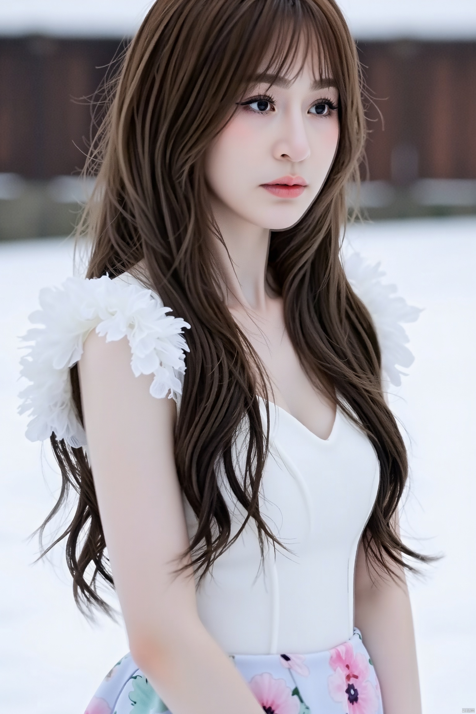 luoxue,snow,a young Asian girl with long brown hair,She is dressed in a white dress adorned with white feathers, her hair cascades over her shoulders. Her dress is adorned with a floral pattern, adding a touch of color to the scene.