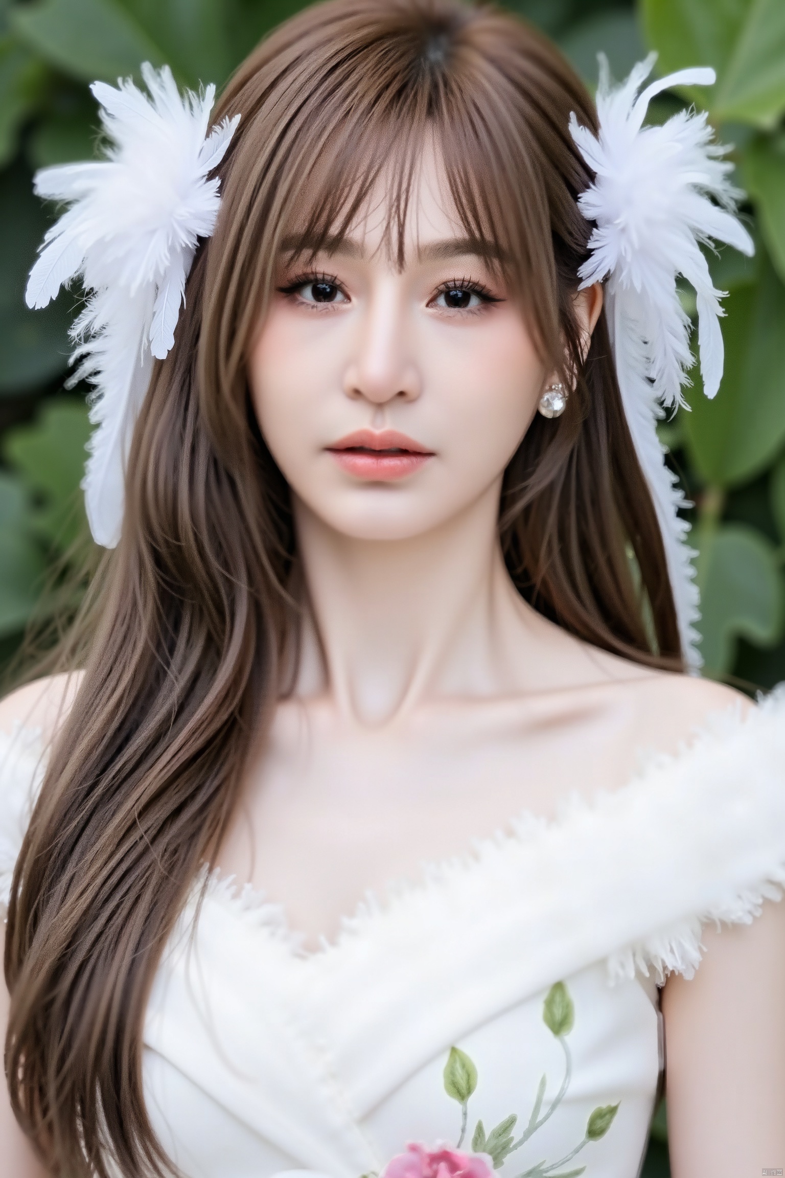 luoxue,snow,a young Asian girl with long brown hair,She is dressed in a white dress adorned with white feathers, her hair cascades over her shoulders. Her dress is adorned with a floral pattern, adding a touch of color to the scene.