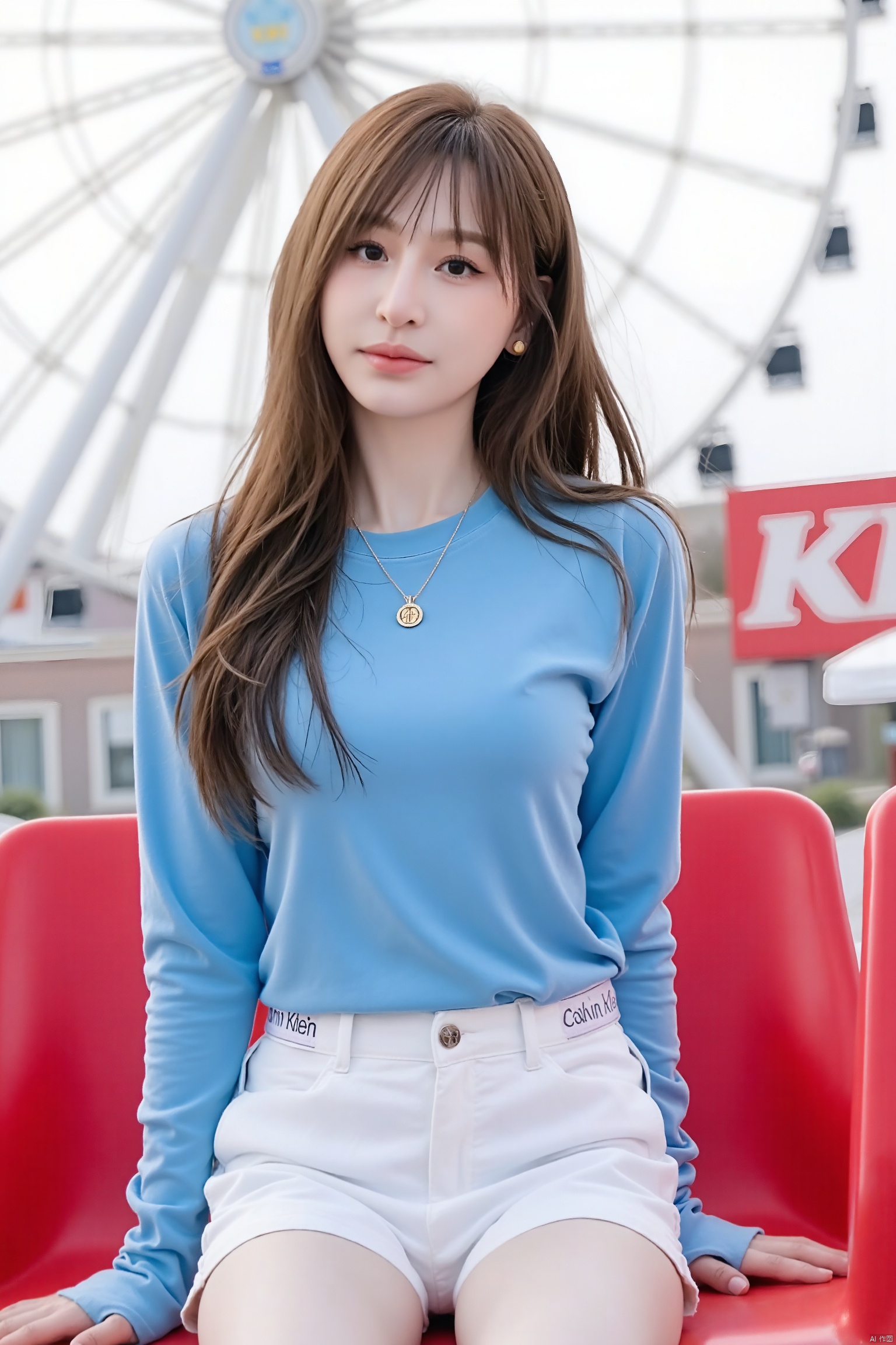 a young Asian woman, seated on a red chair, wearing a blue long-sleeved t-shirt and white shorts with the words "Calvin Klein" written on the waistband. Her long brown hair is cascading down her back, framing her face. She is wearing a necklace, adding a pop of color to her outfit. The backdrop, a large ferris wheel can be seen in the distance, with the letters "KFC" prominently displayed on the right side of the image.