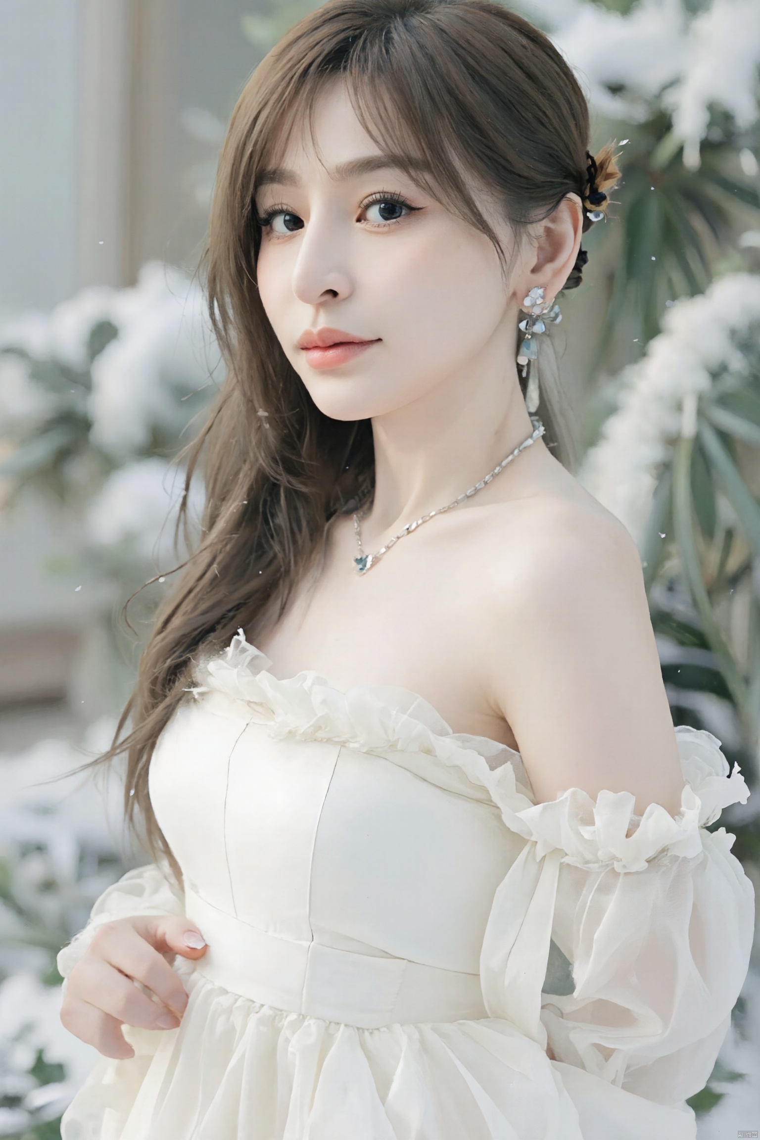 luoxue,Softly falling snowflakes dance in the blurred background, framing a serene portrait of Luoxue. A close-up shot captures her delicate features: long dark brown hair cascading down her back, a gentle smile playing on her lips, and piercing blue eyes sparkling with warmth. She wears a pristine white dress adorned with intricate embroidery on the shoulders, complemented by a silver necklace and earrings that catch the subtle light. Her left hand rests on her hip, exuding confidence and poise as she stands amidst the winter wonderland.,ink