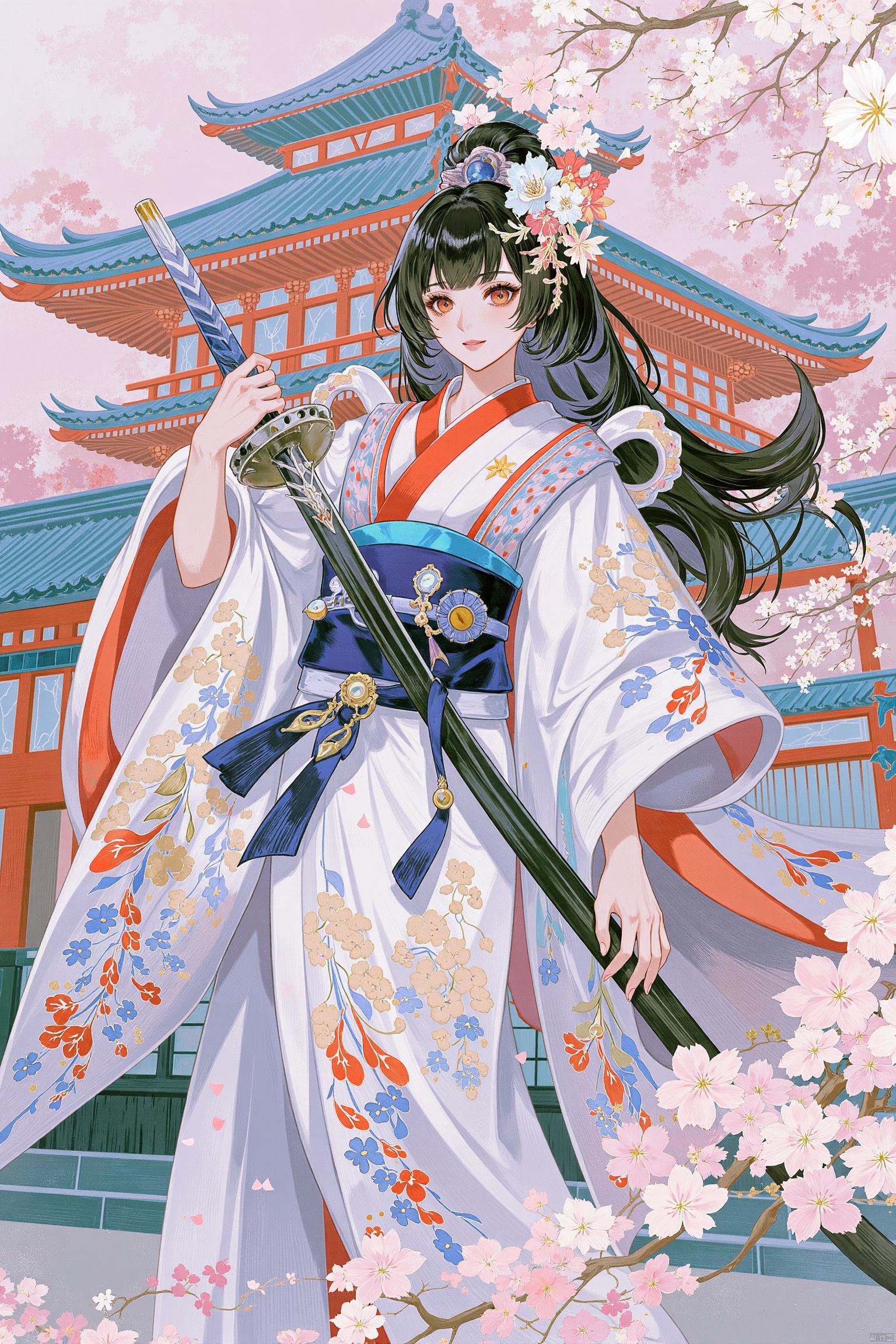 illustration,digital art,digital art,digital art,medium shot,young woman,1girl, japanese clothes, hair ornament, long hair, kimono, sword, weapon, solo, red eyes, holding, black hair, flower, hair flower, holding sword, holding weapon, bangs,A young women in a kimono holding a sword in front of a building.Cherry blossoms, samurai, traditional Japanese attire, dynamic pose, sword, watercolor effect, vibrant colors, intense gaze, detailed floral patterns, historical atmosphere.
