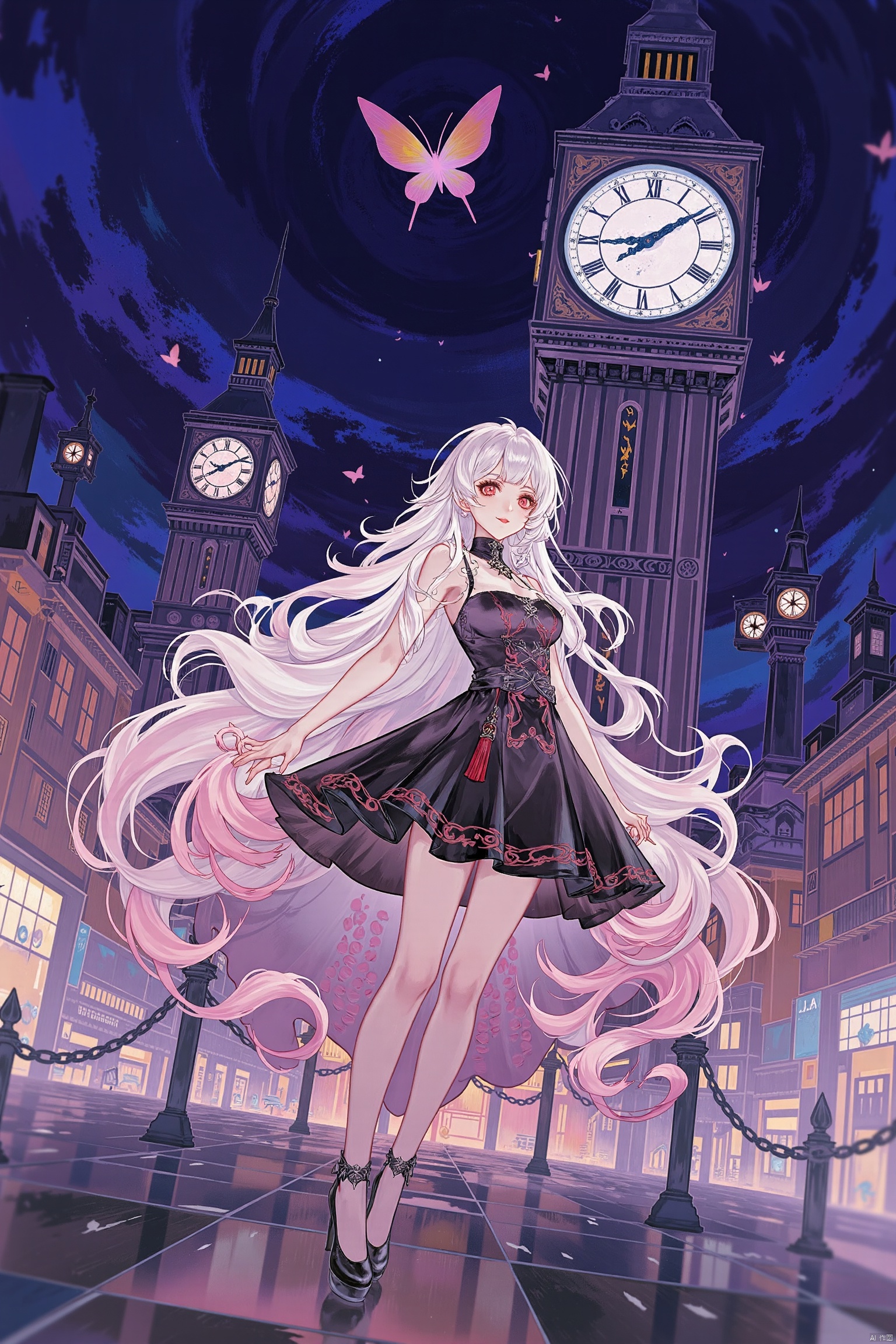 Digital Art,illustration,1girl, long hair, solo, butterfly, high heels, bug, red eyes, white hair,A young woman with long white hair standing in front of a clock tower.Whimsical, ethereal, fantasy anime girl with flowing pink hair, elegant attire, cityscape at dusk, magical glow, sparkling lights, urban fantasy, dreamlike atmosphere, surreal elegance.