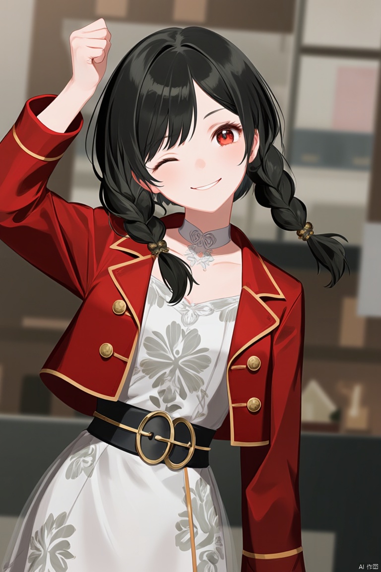 as ghost mode,Black hair with twin braids, red jacket with golden buttons, white dress with grey floral patterns, black belt with gold accents, confident pose, cheerful expression, joyful emotion, soft lighting, blurred background