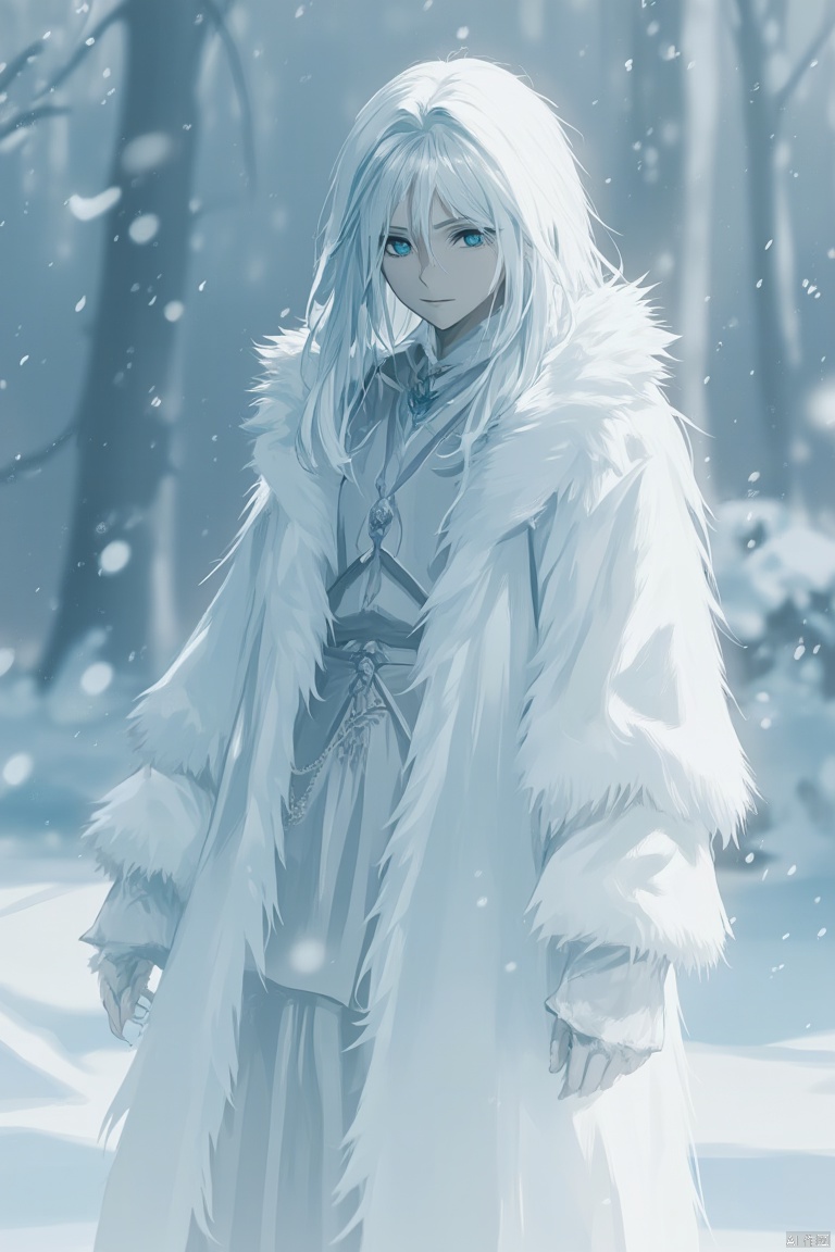 as ghost mode,Silver-haired, hooded figure in a fluffy white wolf costume, standing amidst a snowy backdrop, with piercing blue eyes and a serene yet intense expression, conveying a mystical and enigmatic aura.