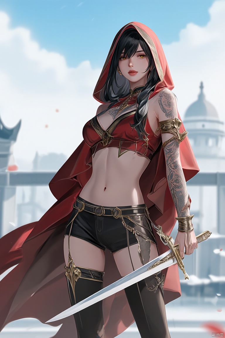 as ghost mode,1girl, tattoo, solo, navel, hood, weapon, knife, black hair, holding, thighhighs, midriff, yellow eyes, holding weapon, holding knife, tube top, dagger, looking at viewer, holding dagger,a digital illustration of a woman dressed in a medieval-style outfit. She is wearing a red hooded cloak with a hood that covers her head and shoulders.  cloak is draped over her shoulders and she is holding a large sword in her right hand.  woman has long dark hair and is wearing gold accents on her arms and legs. She has a fierce expression on her face and is looking off to the side.  background is a light blue sky with white clouds.  overall style of the illustration is reminiscent of a fantasy or sci-fi character.