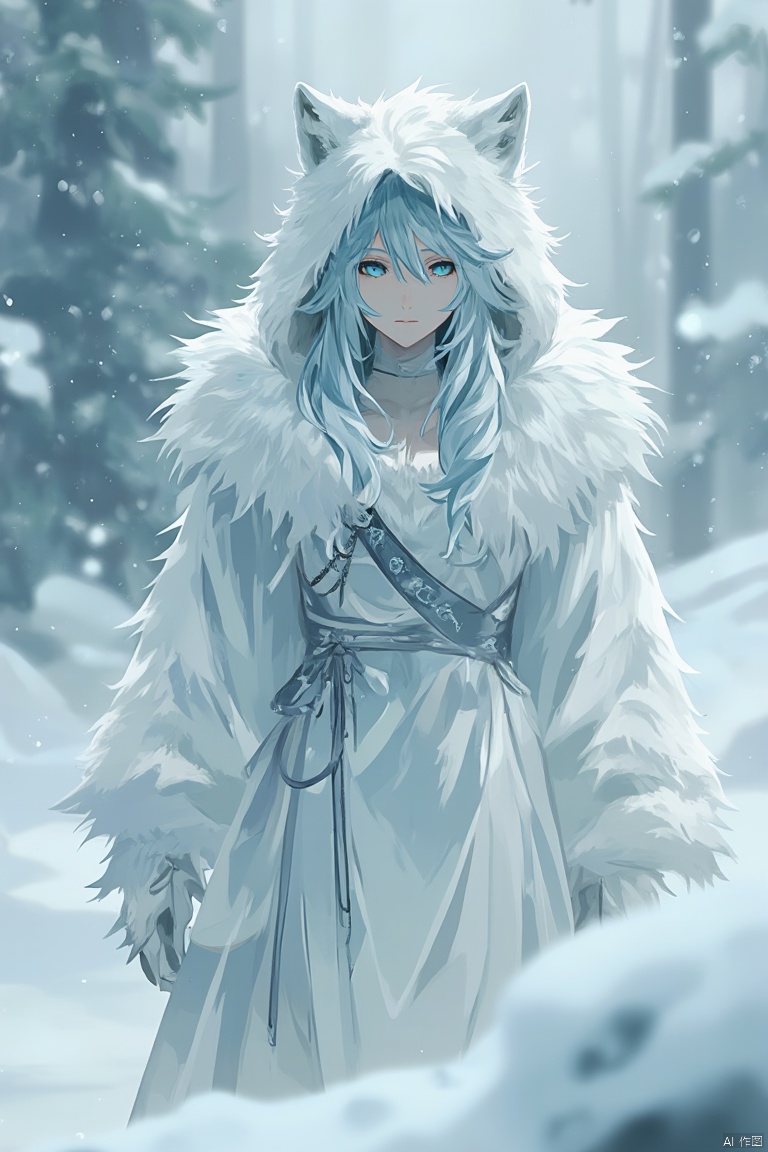 as ghost mode,Silver-haired, hooded figure in a fluffy white wolf costume, standing amidst a snowy backdrop, with piercing blue eyes and a serene yet intense expression, conveying a mystical and enigmatic aura.