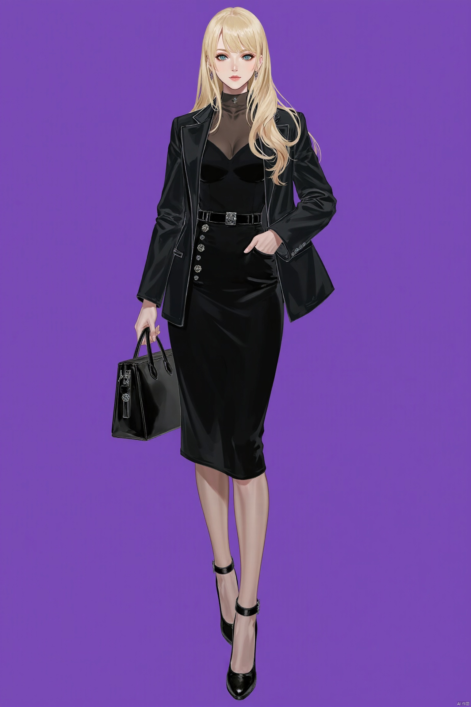 Digital Art,illustration,woman,1girl,solo, blonde hair, long hair, high heels, dress, jacket,A woman in a black dress holding a black bag.Luxurious, Elegant, Fashion Show, Glamorous, Evening Dress, High Heels, Blonde Hair, Jacket, Accessories, Purple Background