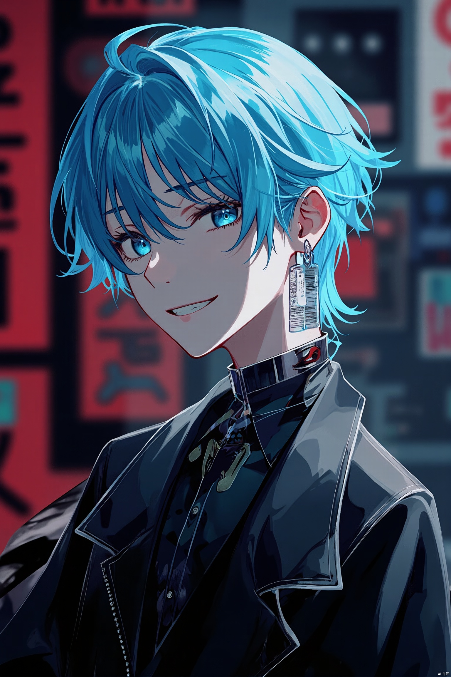 as ghost mode,Blue hair, barcode earring, gothic clothing, confident smile, mysterious, edgy, futuristic, cyberpunk, cool, enigmatic.