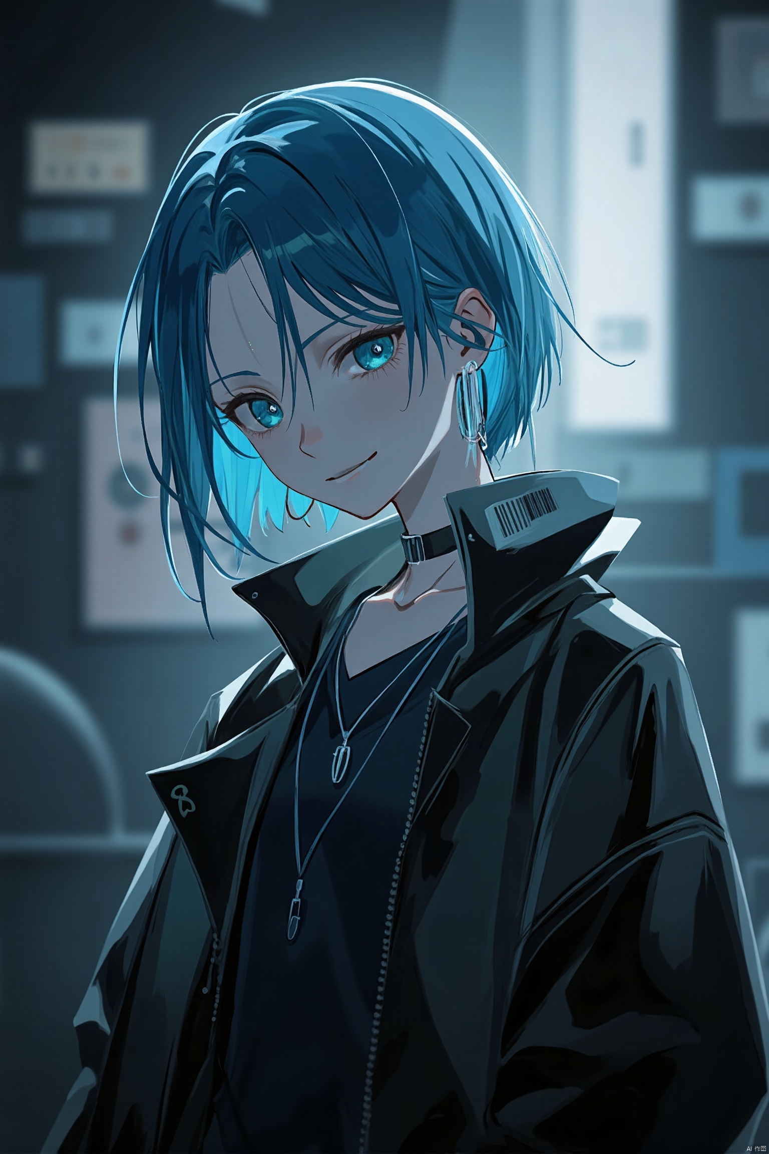 as ghost mode,Blue hair, barcode earring, gothic clothing, confident smile, mysterious, edgy, futuristic, cyberpunk, cool, enigmatic.