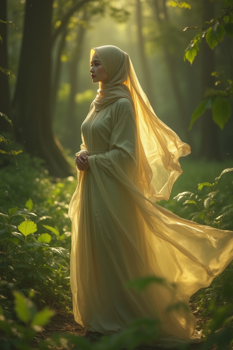 Portrait of a Malay woman in a flowy hijab and abaya,  standing in a forest,  illuminated by soft on Tensor.Art