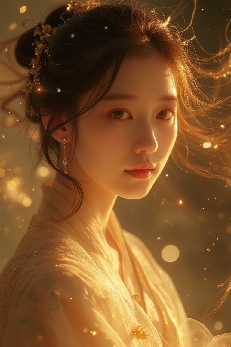 Close-up portrait of a Korean woman with flowy hair,  illuminated by soft,  warm lighting. The composition focuses on her...