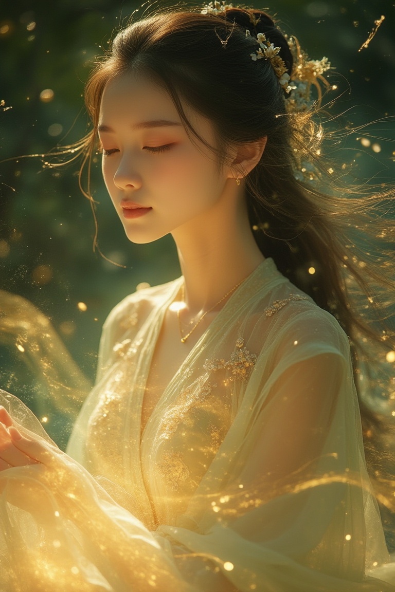 Close-up portrait of a Chinese girl in a flowy dress,  illuminated by soft,  warm lighting. The composition focuses on her...