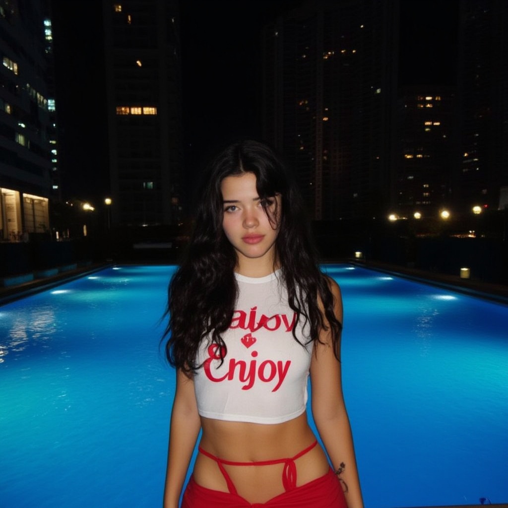 Vanessa Reinhardt V3 ,  Create an image of a young woman standing outdoors by a swimming pool at night. She has long,  dar...