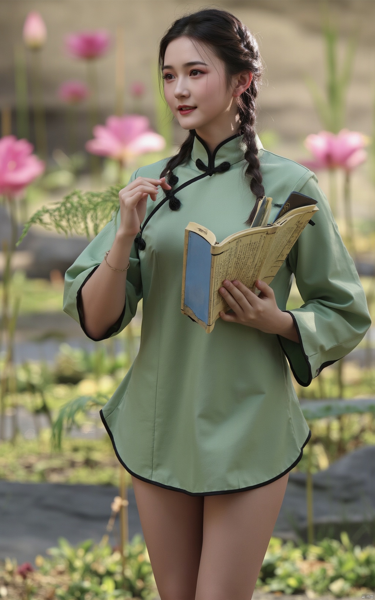 Masterpiece, the best quality, high quality,1girl,(huge breasts:1.59),(A pond full of pink lotus flowers:1.39),Xhaiqinyan,Xlimuwan,Xxiaoyixian,Xyafei,XMGqipao,Xxueshifu