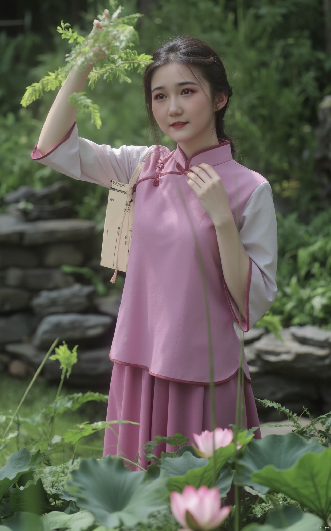 Masterpiece, the best quality, high quality,1girl,(huge breasts:1.59),(A pond full of pink lotus flowers:1.39),Xhaiqinyan,Xlimuwan,Xxiaoyixian,Xyafei,XMGqipao,Xxueshifu