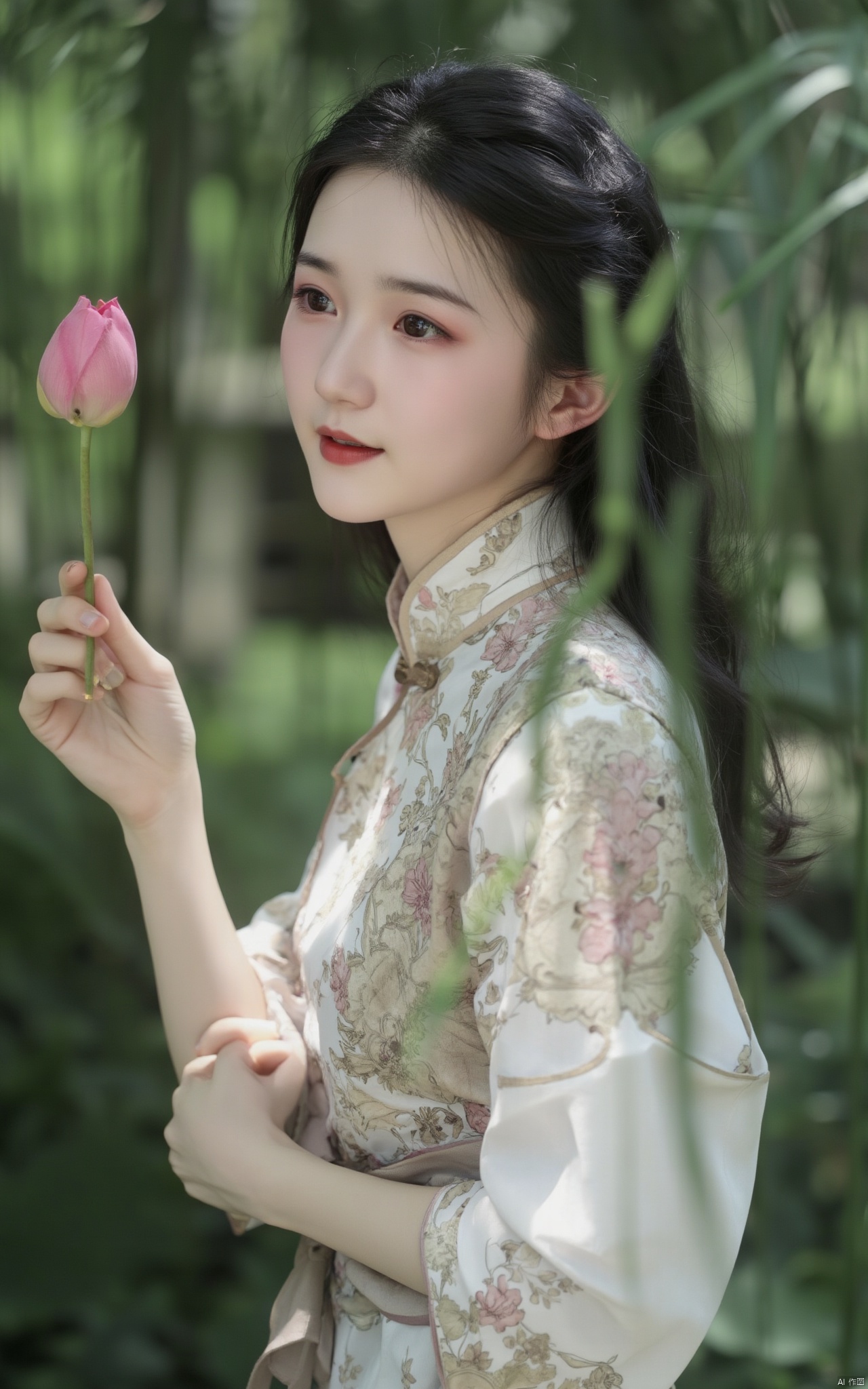 Masterpiece, the best quality, high quality,1girl,(huge breasts:1.59),(A pond full of pink lotus flowers:1.39),Xhaiqinyan,Xlimuwan,Xxiaoyixian,Xyafei,XMGqipao,Xxueshifu