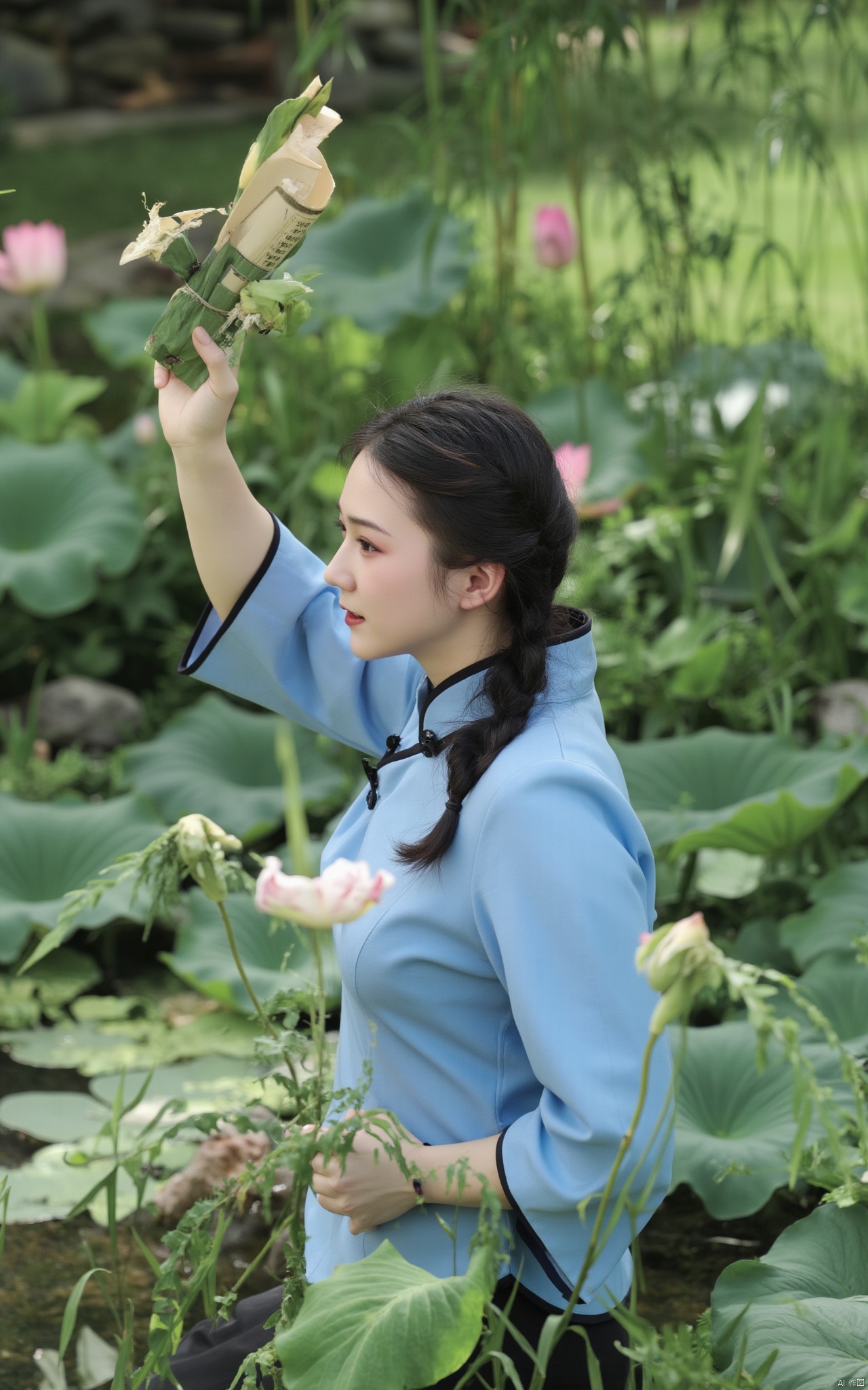 Masterpiece, the best quality, high quality,1girl,(huge breasts:1.59),(A pond full of pink lotus flowers:1.39),Xhaiqinyan,Xlimuwan,Xxiaoyixian,Xyafei,XMGqipao,Xxueshifu