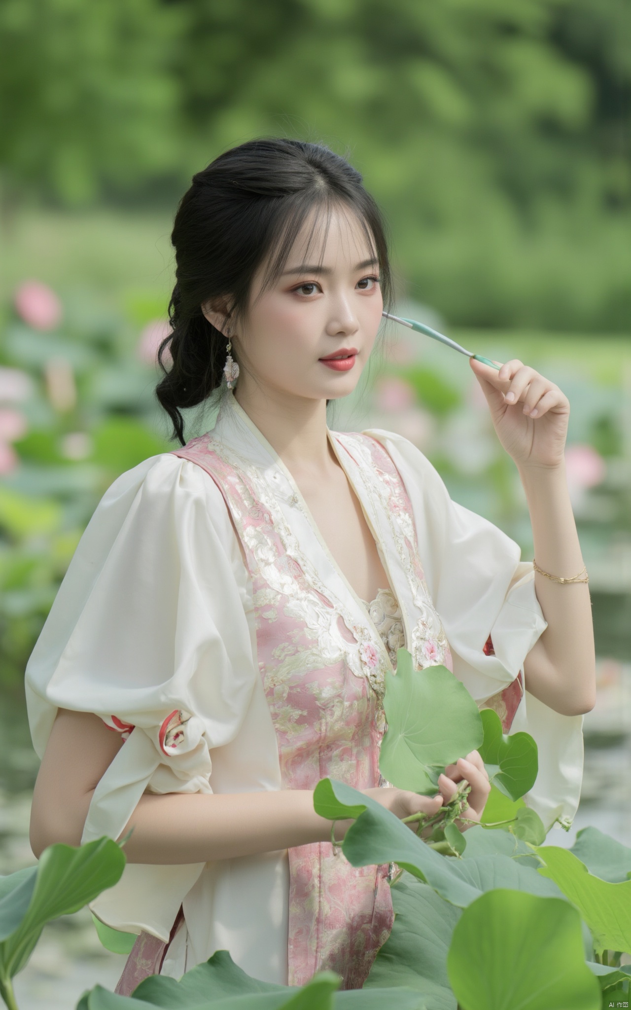 Masterpiece, the best quality, high quality,1girl,(huge breasts:1.59),(A pond full of pink lotus flowers:1.39),Xhaiqinyan,Xlimuwan,Xxiaoyixian,Xyafei,XMGqipao,Xxueshifu