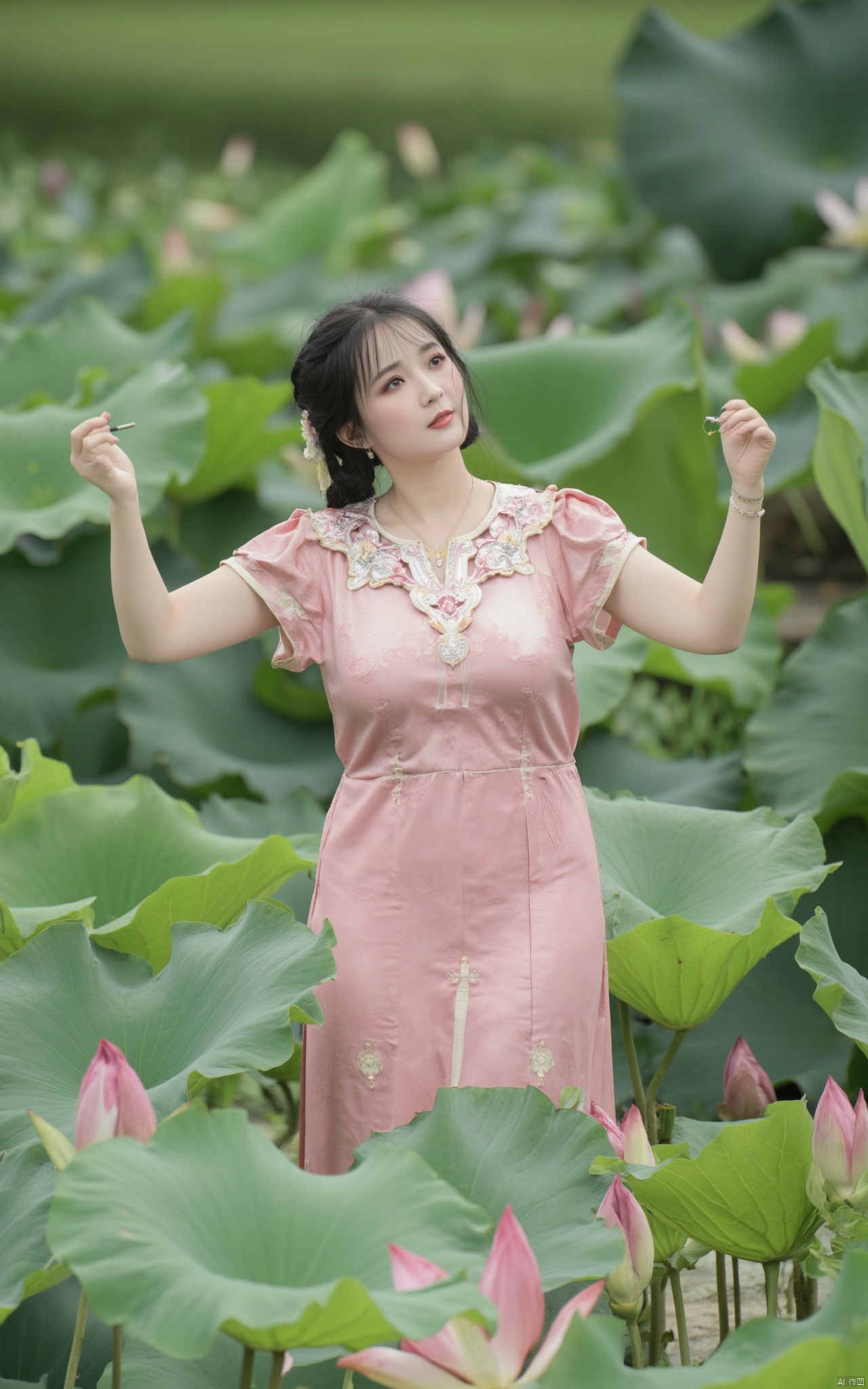 Masterpiece, the best quality, high quality,1girl,(huge breasts:1.59),(A pond full of pink lotus flowers:1.39),Xhaiqinyan,Xlimuwan,Xxiaoyixian,Xyafei,XMGqipao,Xxueshifu
