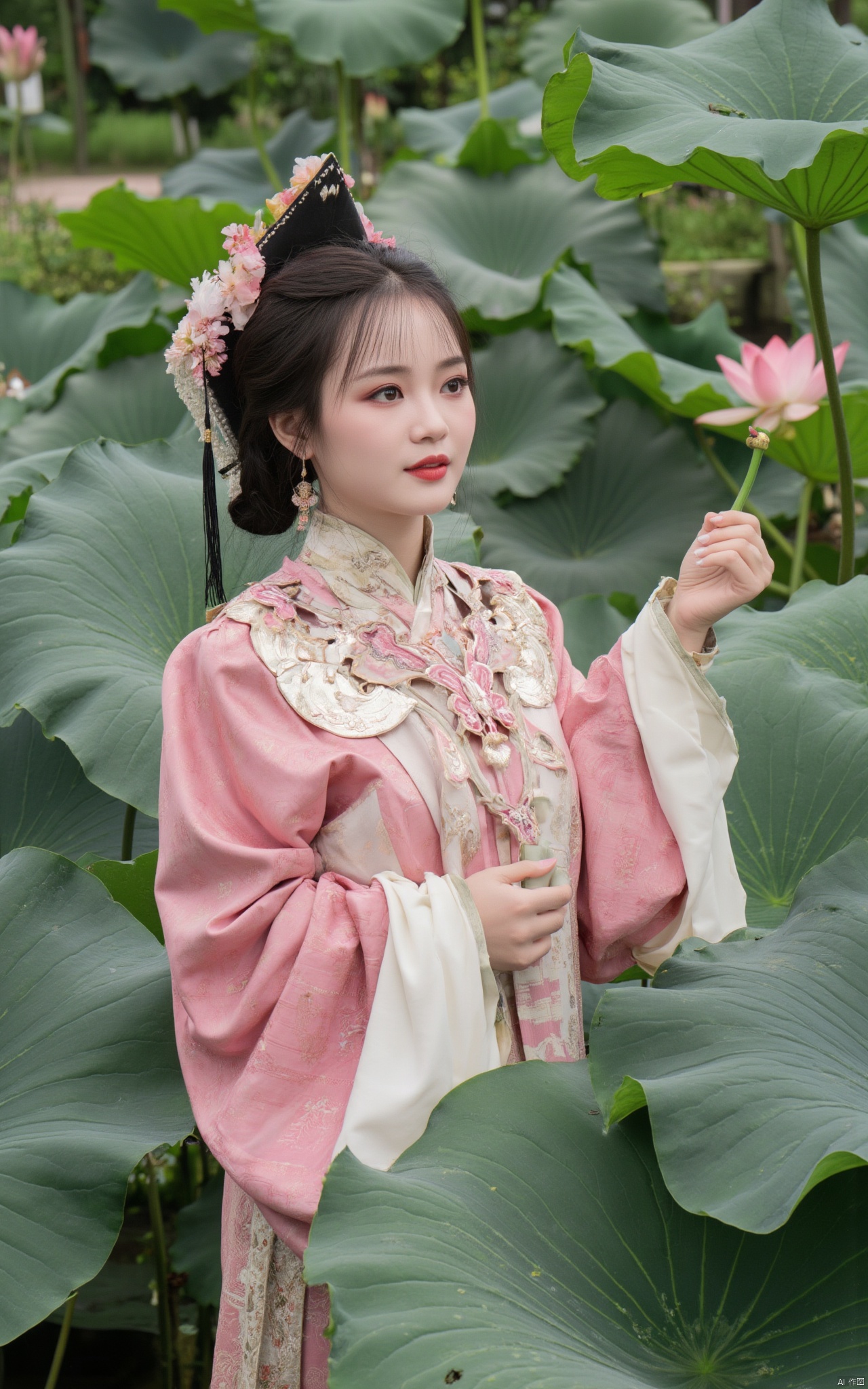 Masterpiece, the best quality, high quality,1girl,(huge breasts:1.59),(A pond full of pink lotus flowers:1.39),Xhaiqinyan,Xlimuwan,Xxiaoyixian,Xyafei,XMGqipao,Xxueshifu