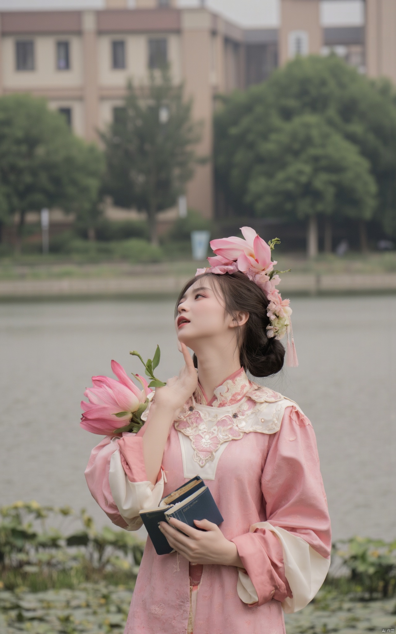 Masterpiece, the best quality, high quality,1girl,(huge breasts:1.59),(A pond full of pink lotus flowers:1.39),Xhaiqinyan,Xlimuwan,Xxiaoyixian,Xyafei,XMGqipao,Xxueshifu