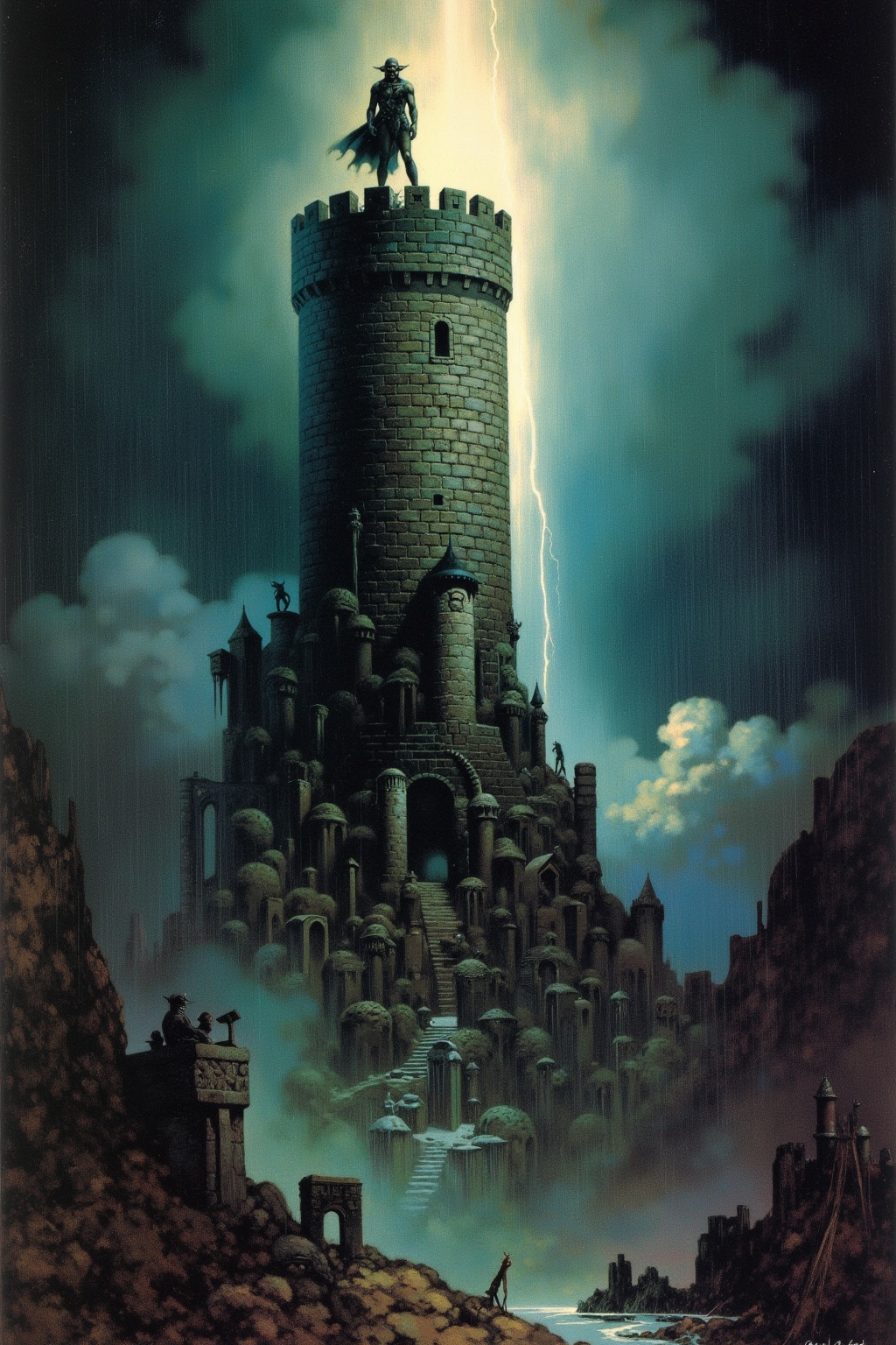 Frank Frazetta surreal fantasy oil painting of a huge foreboding tower made of onyx bricks,  heavy rain and storm clouds i...