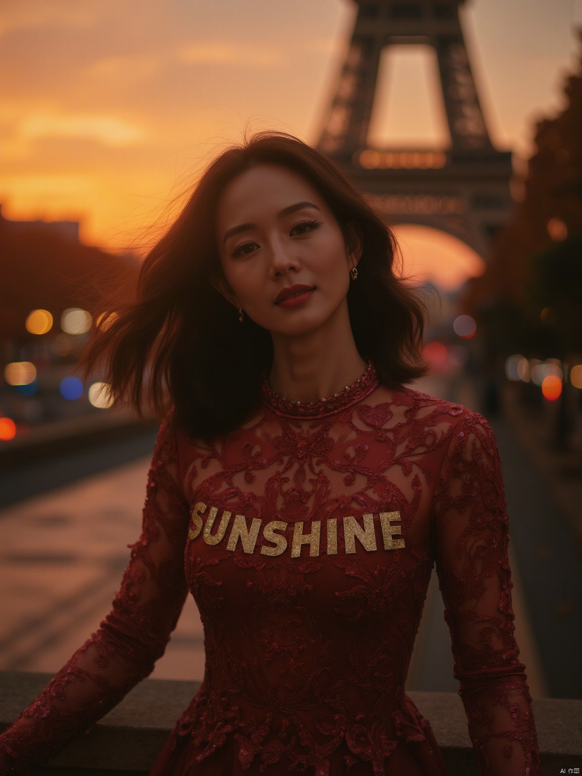 Here is a prompt for creating an exquisitely detailed image based on your description: A cinematic shot taken on the iconic Champs Elysées in Paris at dusk in autumn, as the sun dips below the horizon casting a warm glow (film grain: 1.2). A stunning Chinese woman, wearing a strapless low-cut long dress with intricate details and natural skin texture, stands out against the majestic Eiffel Tower's backdrop. Her radiant smile illuminates her deep cleavage, highlighting her plump breasts, as she proudly displays the bust of her dress featuring bold golden letters 'SUNSHINE'. The fallen leaves on the ground glisten with a warm golden light, reflecting the vibrant colors of the setting sun. Captured using Fujifilm XT3, in 4K resolution, this unity 8k wallpaper boasts ultra-detailed skin texture and finely detailed facial features, showcasing an exquisitely realistic masterpiece.
