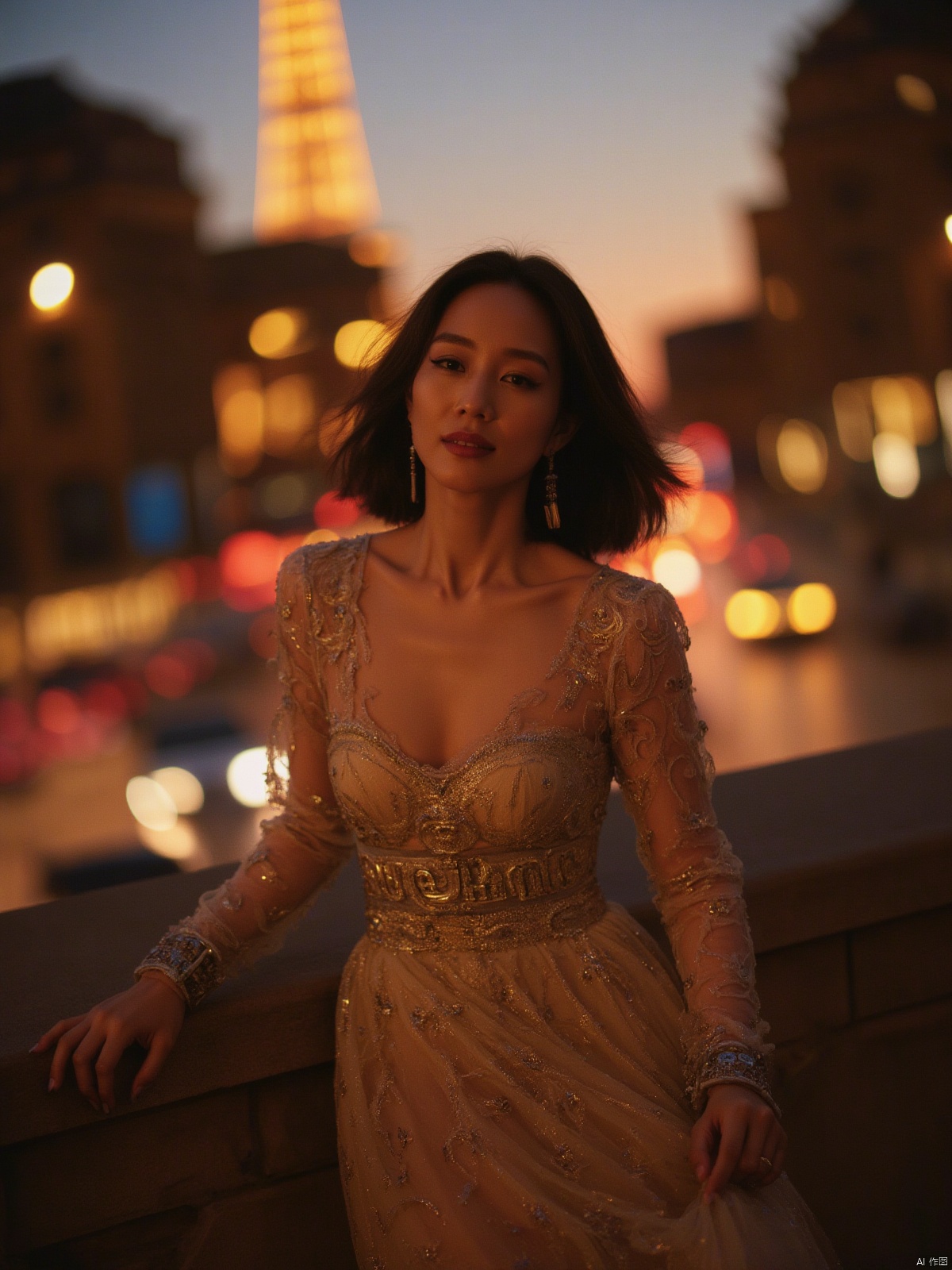 Here is a prompt for creating an exquisitely detailed image based on your description: A cinematic shot taken on the iconic Champs Elysées in Paris at dusk in autumn, as the sun dips below the horizon casting a warm glow (film grain: 1.2). A stunning Chinese woman, wearing a strapless low-cut long dress with intricate details and natural skin texture, stands out against the majestic Eiffel Tower's backdrop. Her radiant smile illuminates her deep cleavage, highlighting her plump breasts, as she proudly displays the bust of her dress featuring bold golden letters 'SUNSHINE'. The fallen leaves on the ground glisten with a warm golden light, reflecting the vibrant colors of the setting sun. Captured using Fujifilm XT3, in 4K resolution, this unity 8k wallpaper boasts ultra-detailed skin texture and finely detailed facial features, showcasing an exquisitely realistic masterpiece.