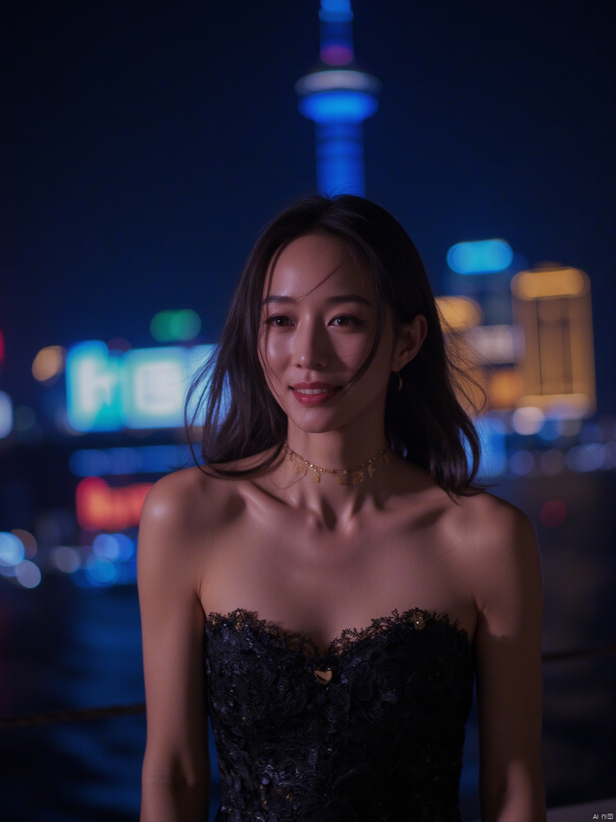 On the Shanghai Bund under the neon lights at night, with the Oriental Pearl Tower in the background, a beautiful woman looked at the audience with a smile in the drizzle. She was wearing a tight top with medium to large breasts, revealing her beautiful cleavage. The letters "SUNSHINE" were written on her chest. Her confidence was contagious to everyone.