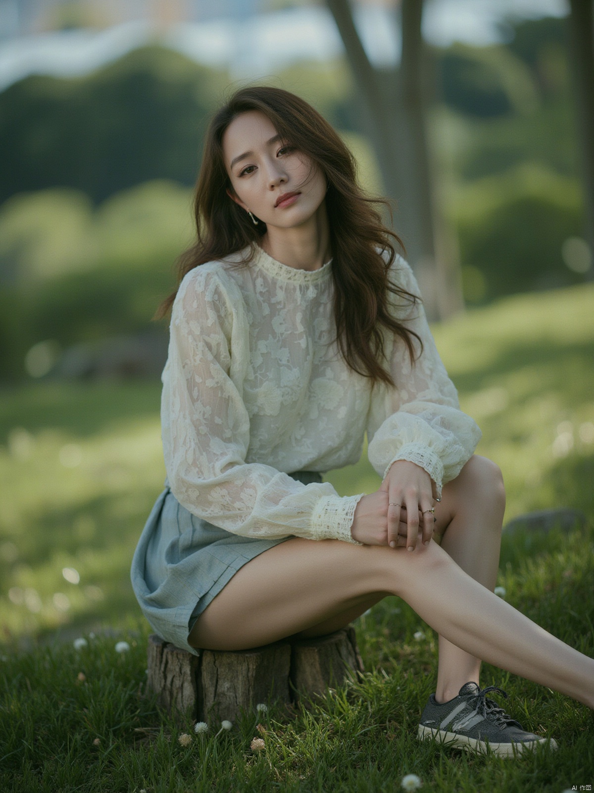 (RAW photo, 4k, realistic, exquisitely detailed skin),masterpiece,best quality,unity 8k wallpaper,ultra detailed,cinematic look,natural skin texture,extremely realistic skin texture,finely detailed face,(film grain:1.2),cinematic angle,Fujifilm XT3,,(highlydetailed),(bright scene),1girl, bench, blurry, brown eyes, brown hair, bush, dandelion, dappled sunlight, day, depth of field, field, foliage, forest, garden, grass, hill, lips, long hair, nature, on grass, on ground, outdoors, park, path, plant, realistic, river, road, school uniform, serafuku, shade, sitting, skirt, solo, squatting, sunlight, tree, tree shade, tree stump, under tree, white blouse
