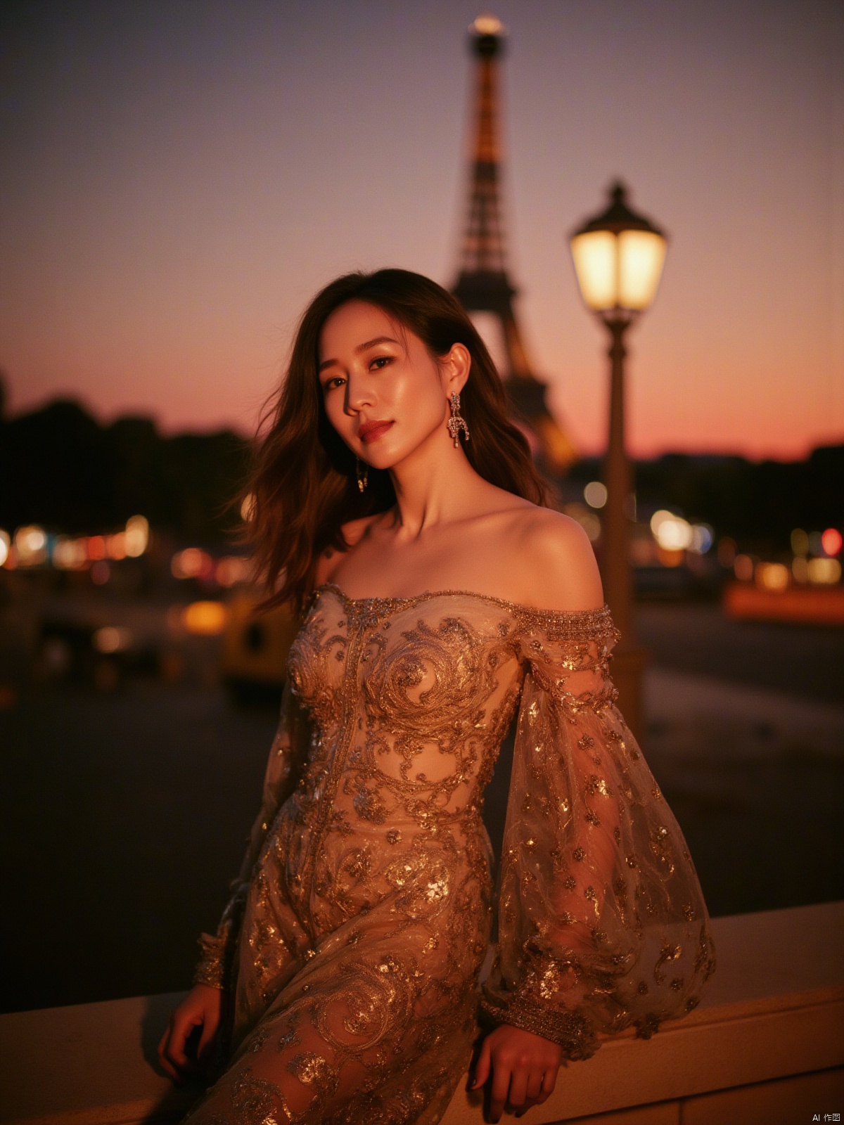 Here is a prompt for creating an exquisitely detailed image based on your description: A cinematic shot taken on the iconic Champs Elysées in Paris at dusk in autumn, as the sun dips below the horizon casting a warm glow (film grain: 1.2). A stunning Chinese woman, wearing a strapless low-cut long dress with intricate details and natural skin texture, stands out against the majestic Eiffel Tower's backdrop. Her radiant smile illuminates her deep cleavage, highlighting her plump breasts, as she proudly displays the bust of her dress featuring bold golden letters 'SUNSHINE'. The fallen leaves on the ground glisten with a warm golden light, reflecting the vibrant colors of the setting sun. Captured using Fujifilm XT3, in 4K resolution, this unity 8k wallpaper boasts ultra-detailed skin texture and finely detailed facial features, showcasing an exquisitely realistic masterpiece.