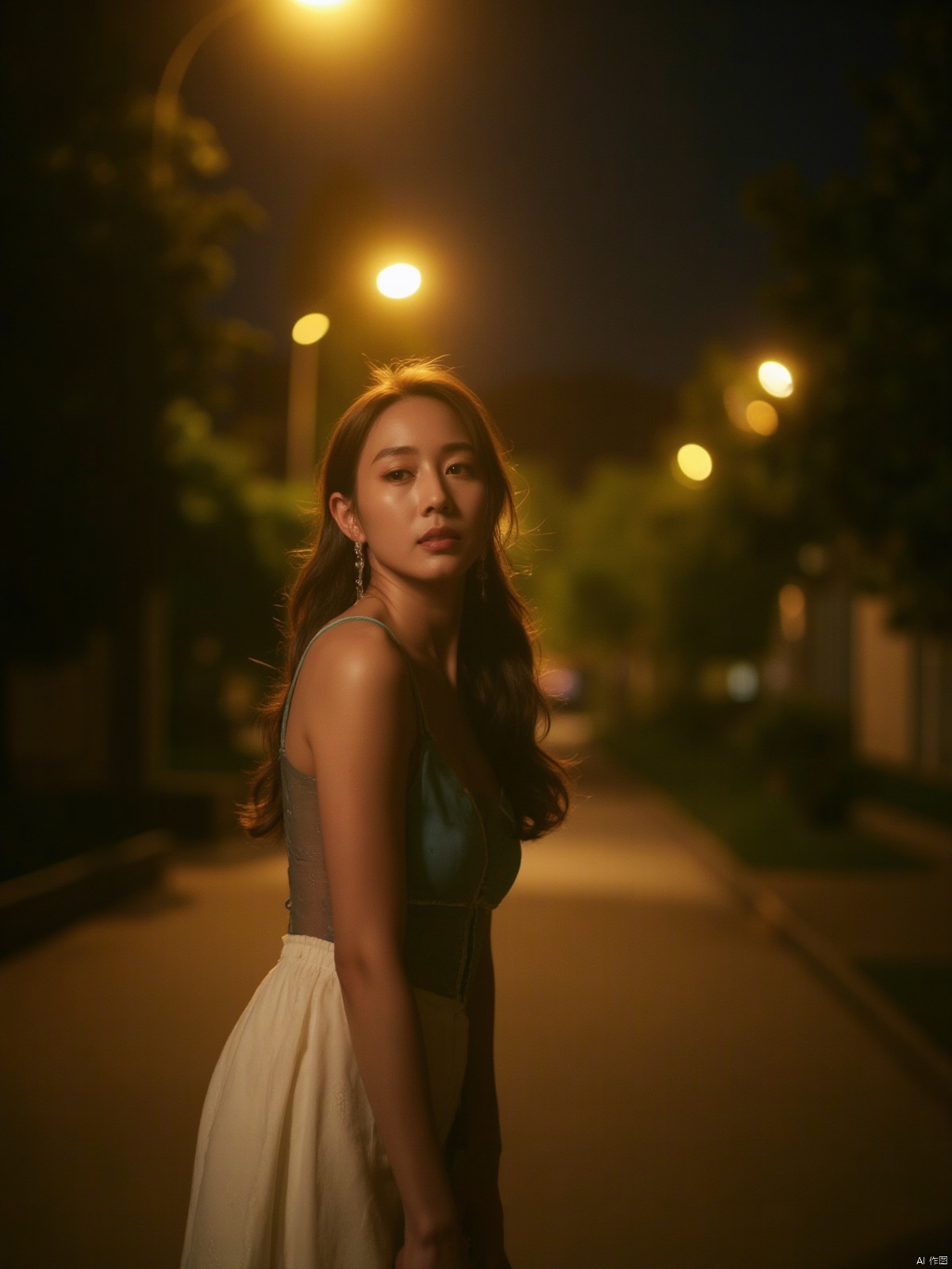 In this captivating 8K HDR image, an ethereal girl with an elf-like quality stands poised on a deserted street under the soft luminescence of dim yellow street lamps receding into the distance. She gazes at the viewer with a calm intensity, lost in contemplation amidst the hushed surroundings, where lush greenery and bold emblazoned words SUNSHINE create a striking visual counterpoint to her melancholic countenance, as if bathed in the faint light of the street lamps.
