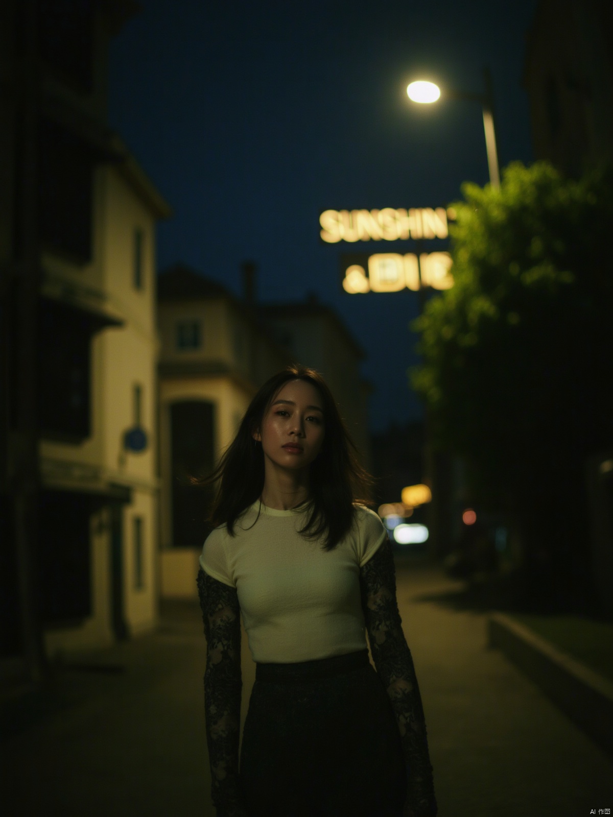 In this captivating 8K HDR image, an ethereal girl with an elf-like quality stands poised on a deserted street under the soft luminescence of dim yellow street lamps receding into the distance. She gazes at the viewer with a calm intensity, lost in contemplation amidst the hushed surroundings, where lush greenery and bold emblazoned words SUNSHINE create a striking visual counterpoint to her melancholic countenance, as if bathed in the faint light of the street lamps.
