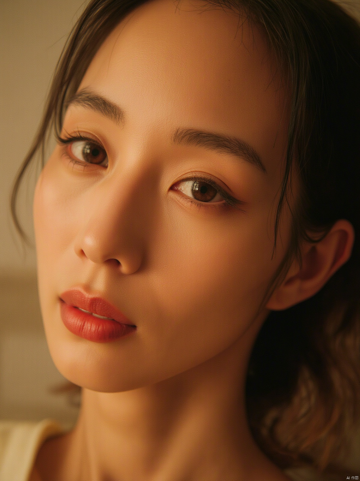 A captivating close-up shot of a stunning woman's face, captured under the iconic 35mm Kodak camera. The lens frames her features with precision, emphasizing the curves of her cheekbones and the gentle slope of her nose. Soft, golden light from above illuminates her porcelain skin, accentuating the subtle contours of her eyebrows and the delicate shape of her lips. Her eyes, like two shimmering pools of sapphire, seem to hold a thousand secrets, inviting the viewer to linger and behold her beauty.