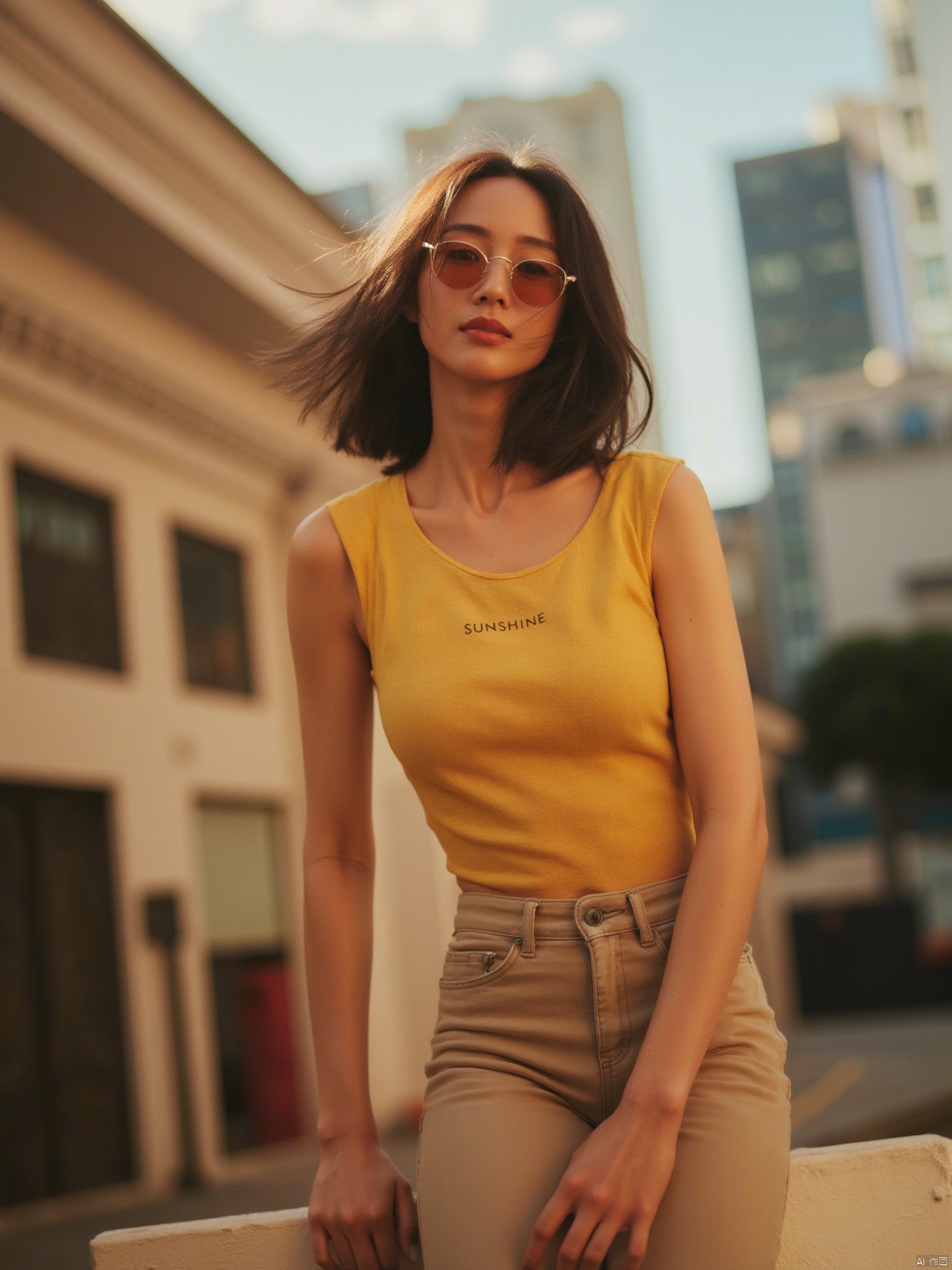 Vibrant morning light bathes the streets of Long Island, New York, as a stunning Asian beauty strikes a confident pose, sunglasses perched on her radiant face. Her strapless T-SHIRT showcases medium breasts ,while tight hot pants accentuate toned legs. The words SUNSHINE are emblazoned across her chest vest, as she beams with warm, sunny smile, inviting the viewer in with cinematic camera movement and extreme skin texture detail.
